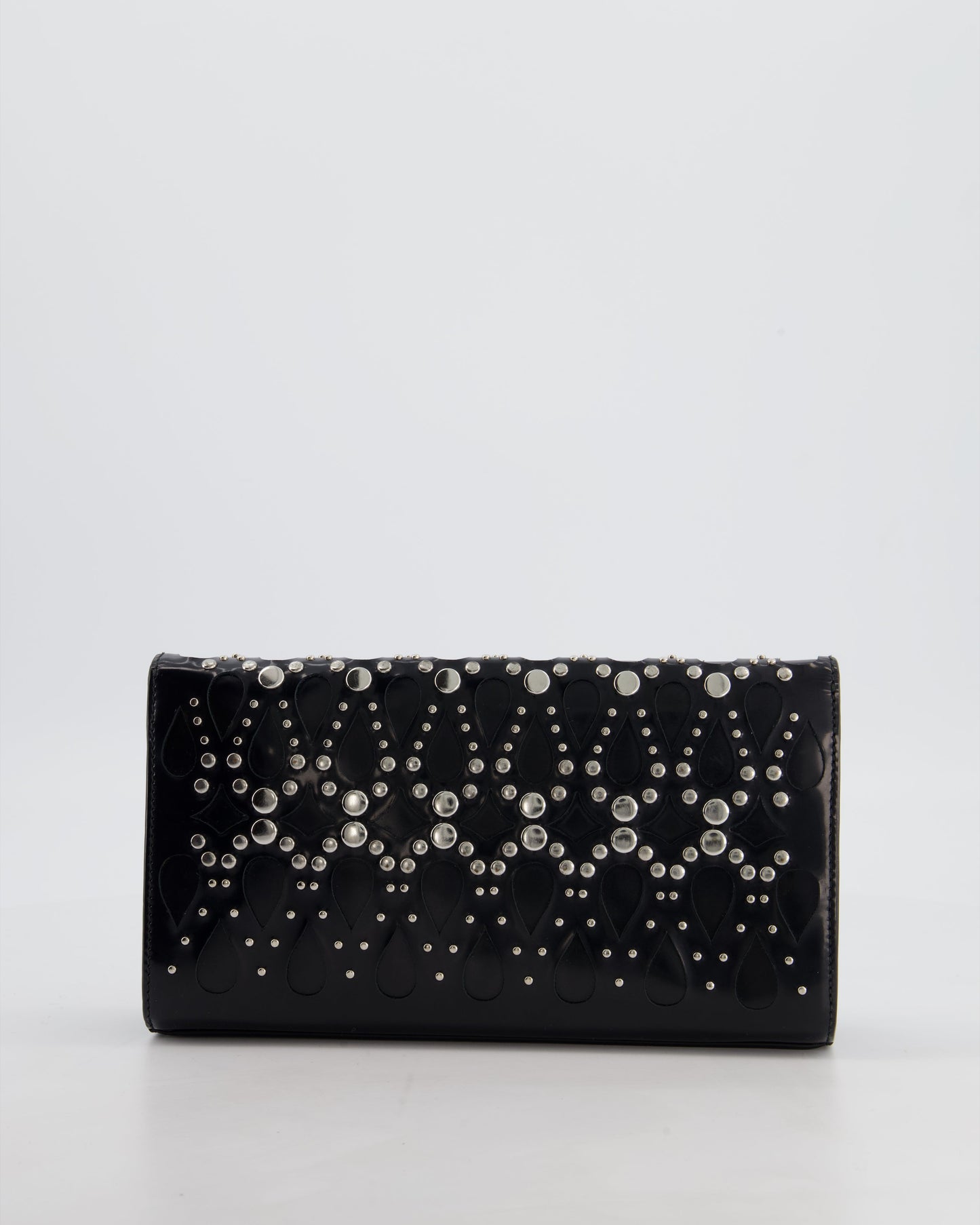 Alaïa Studded Laser Cut Flap Clutch Bag in Black Patent Leather with Wrist Strap and Mirror