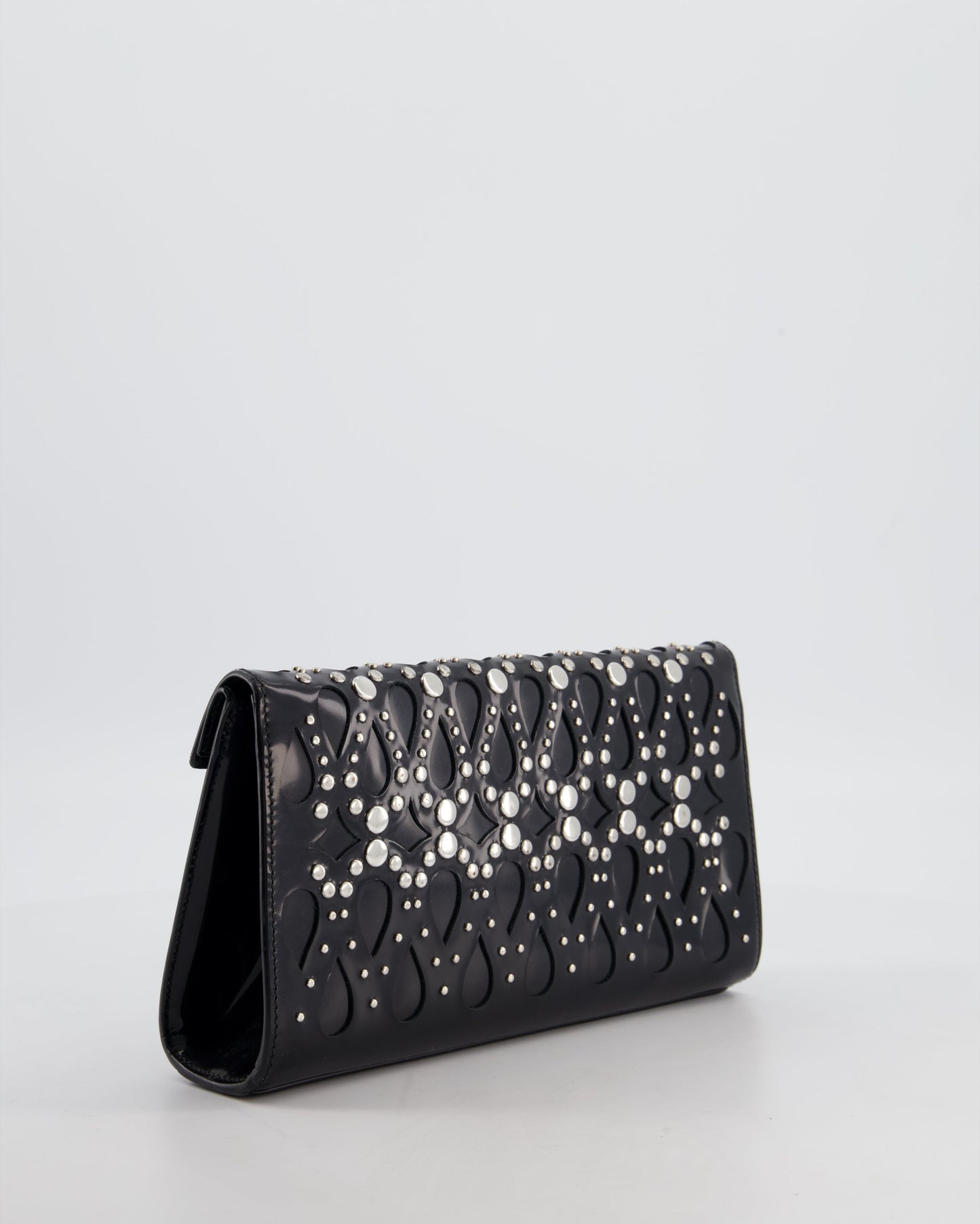 Alaïa Studded Laser Cut Flap Clutch Bag in Black Patent Leather with Wrist Strap and Mirror