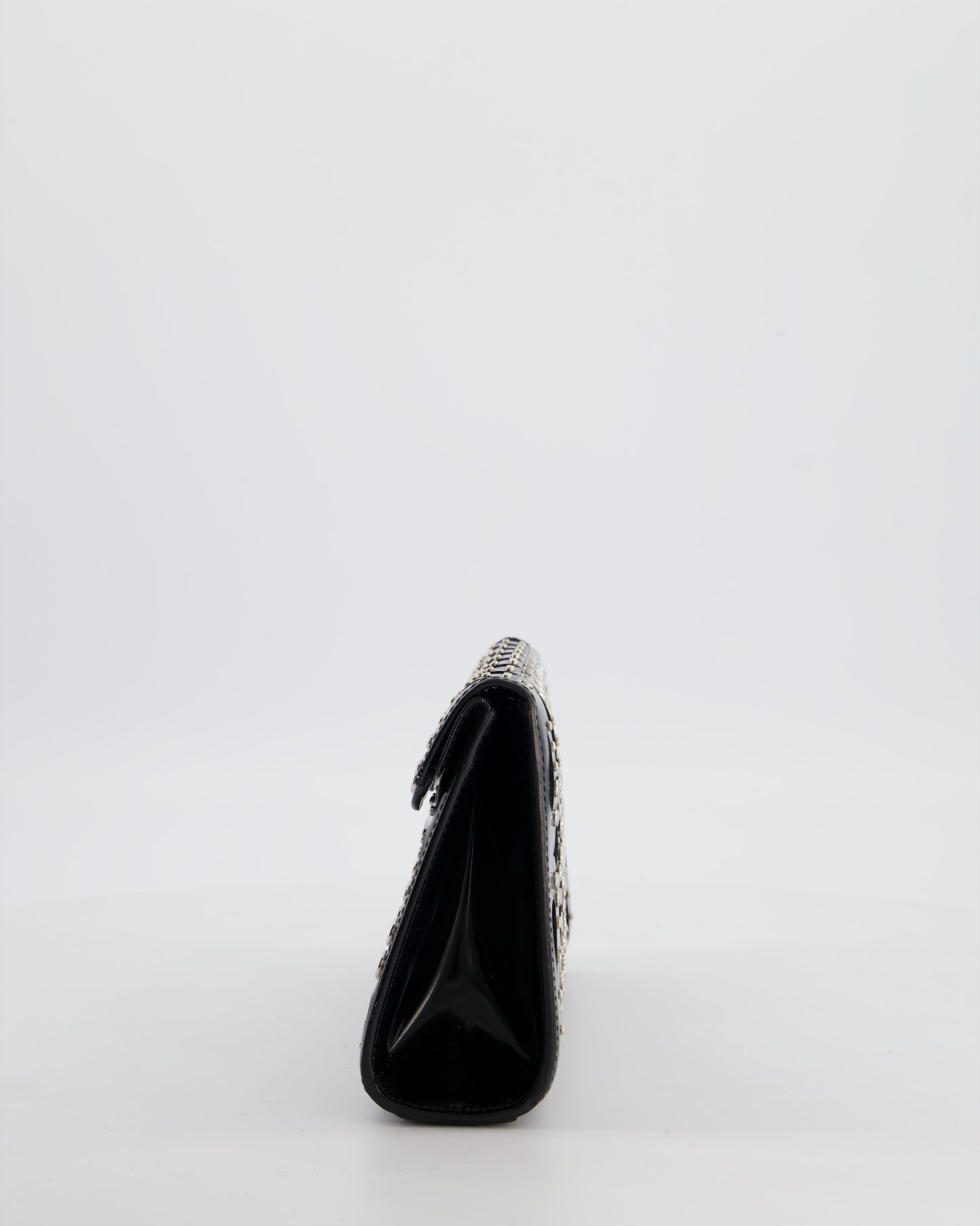Alaïa Studded Laser Cut Flap Clutch Bag in Black Patent Leather with Wrist Strap and Mirror