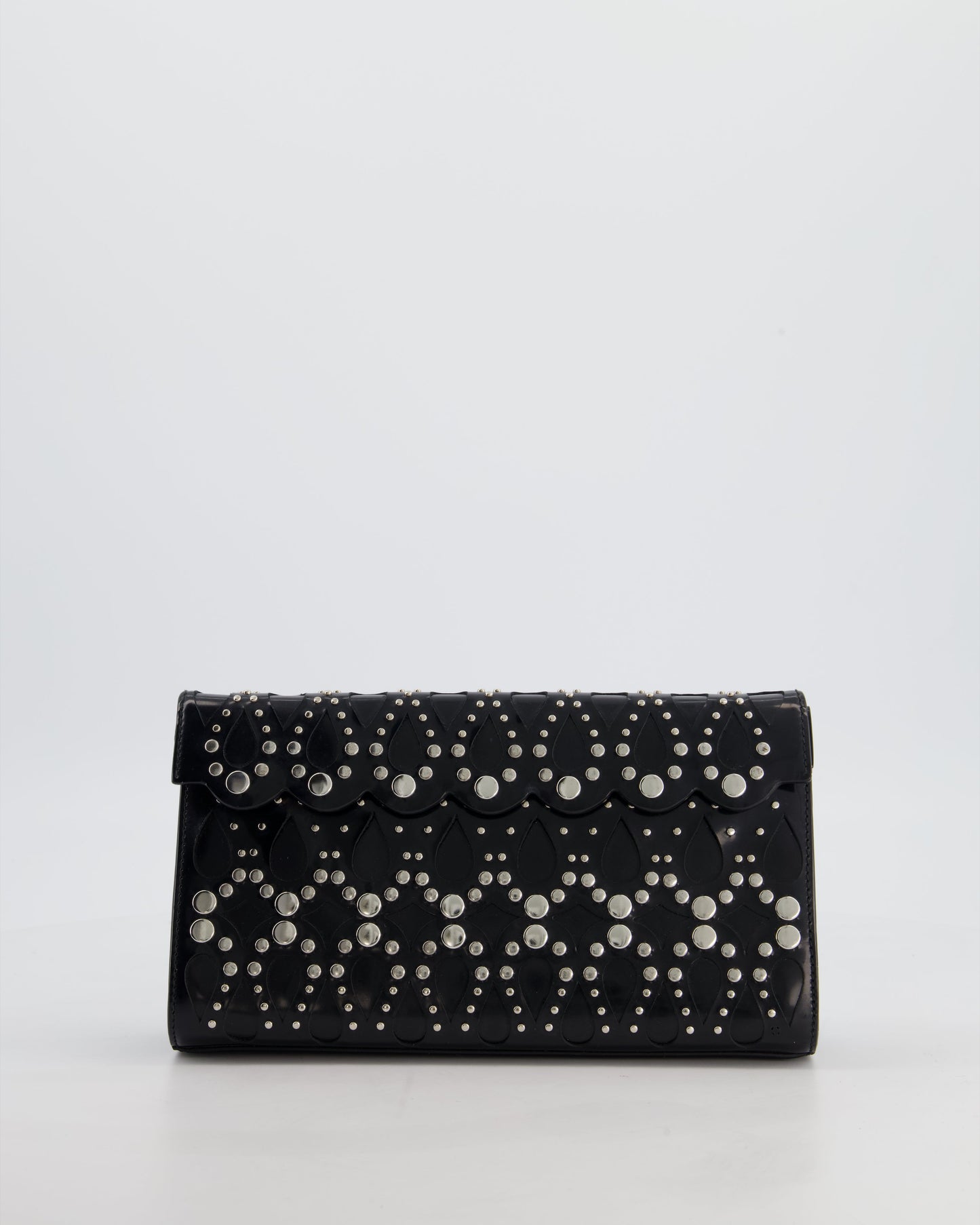 Alaïa Studded Laser Cut Flap Clutch Bag in Black Patent Leather with Wrist Strap and Mirror