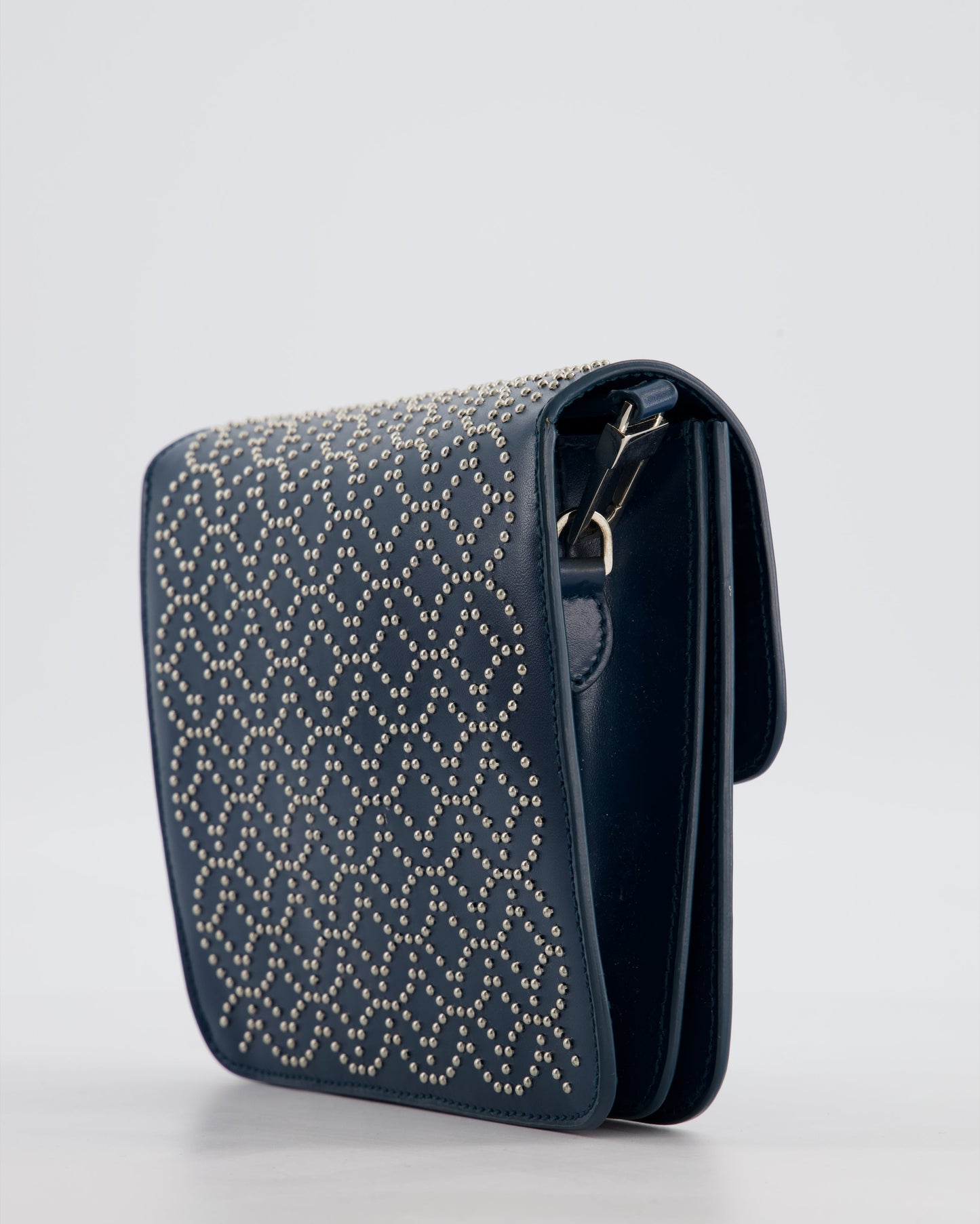 Alaïa Studded Leather Mini Shoulder Bag in Teal Leather with Silver Hardware