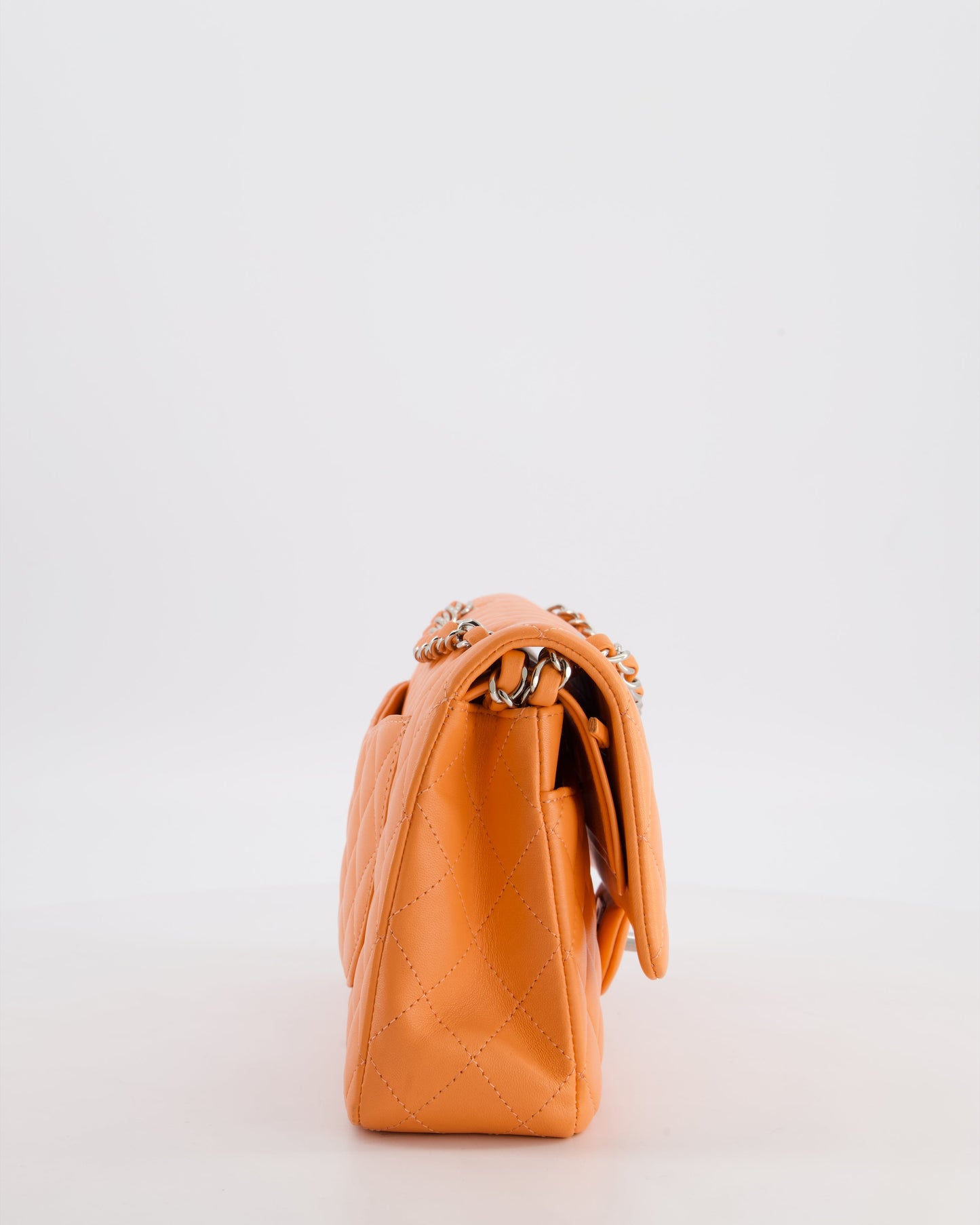 Chanel Medium Orange Classic Double Flap Bag in Lambskin Leather with Silver Hardware