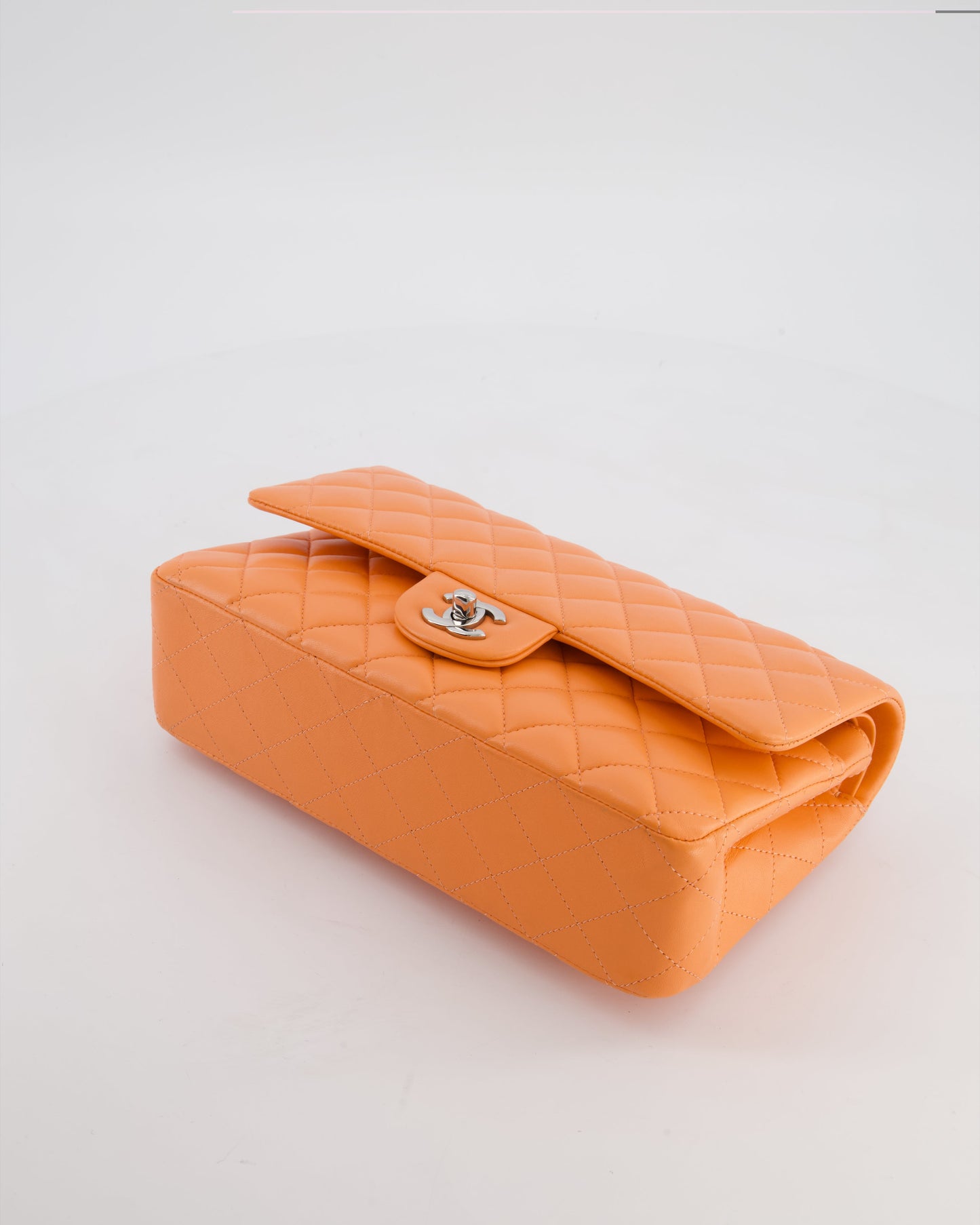 Chanel Medium Orange Classic Double Flap Bag in Lambskin Leather with Silver Hardware