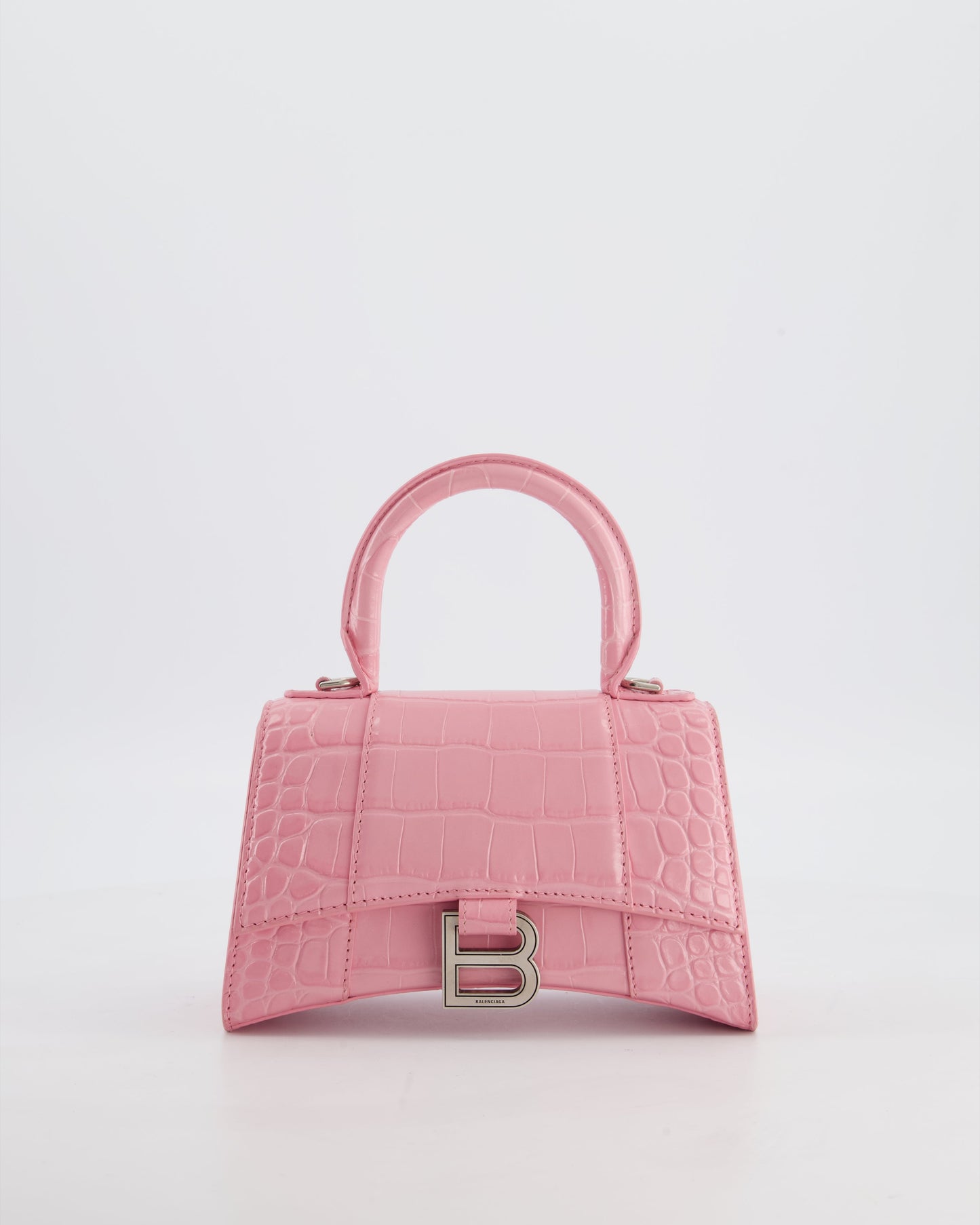 Balenciaga Pink XS Hourglass Top Handle Bag in Croc Effect Calfskin Leather with Silver Hardware RRP £1,850