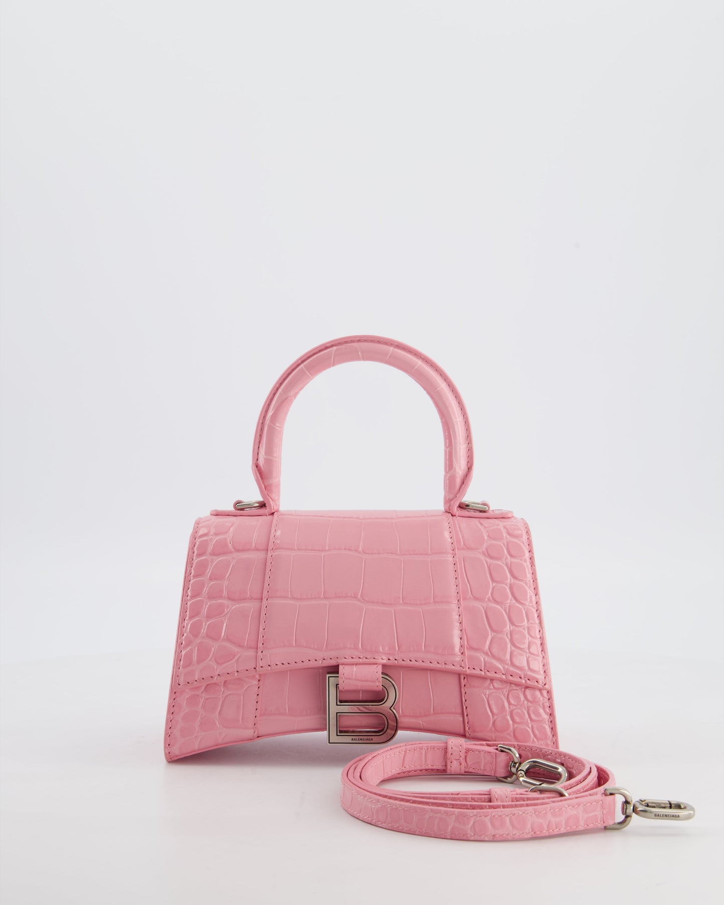 Balenciaga Pink XS Hourglass Top Handle Bag in Croc Effect Calfskin Leather with Silver Hardware RRP £1,850