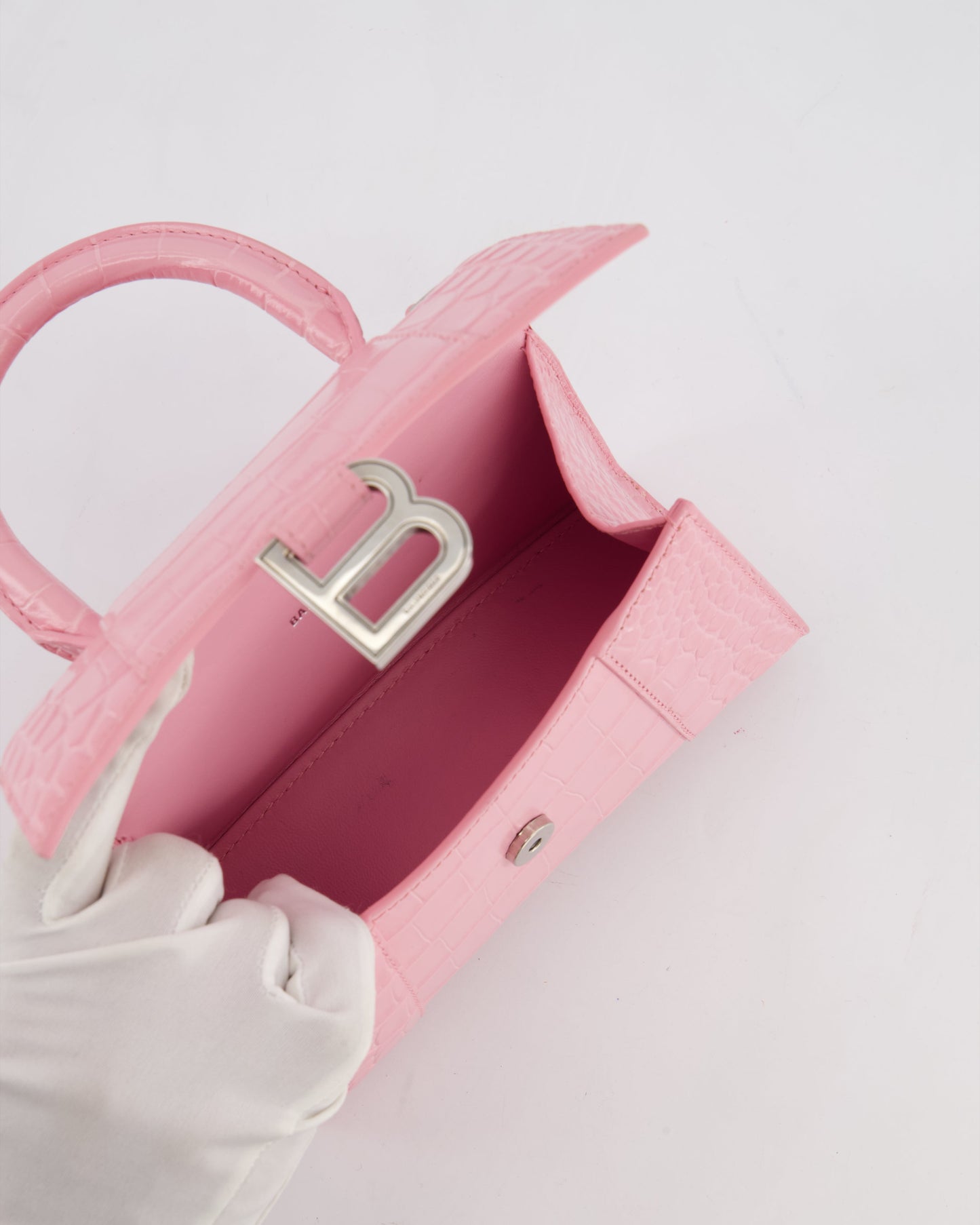 Balenciaga Pink XS Hourglass Top Handle Bag in Croc Effect Calfskin Leather with Silver Hardware RRP £1,850