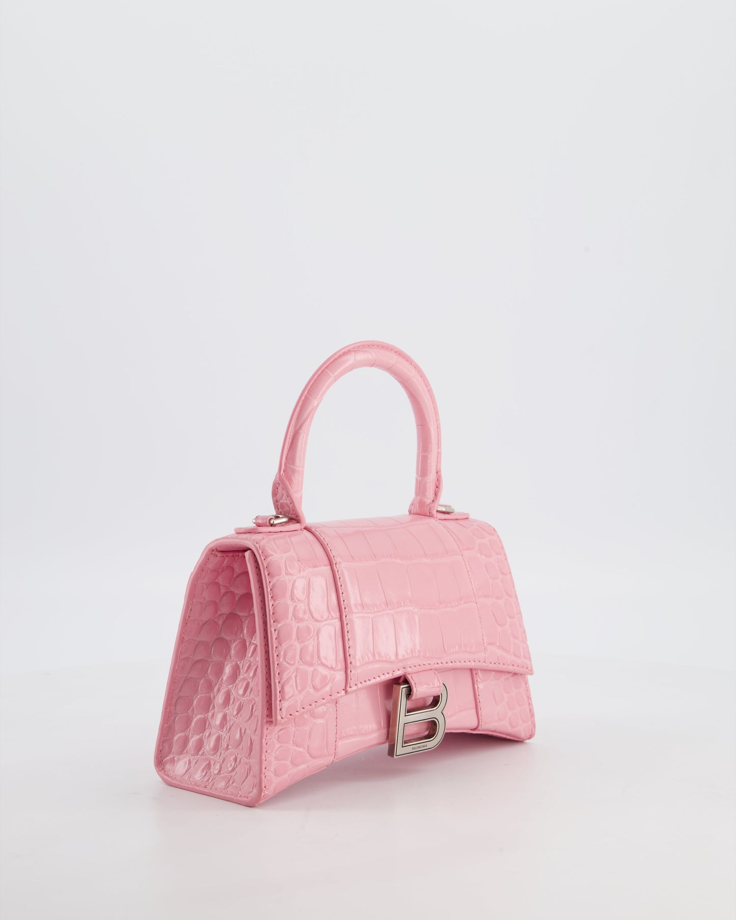 Balenciaga Pink XS Hourglass Top Handle Bag in Croc Effect Calfskin Leather with Silver Hardware RRP £1,850