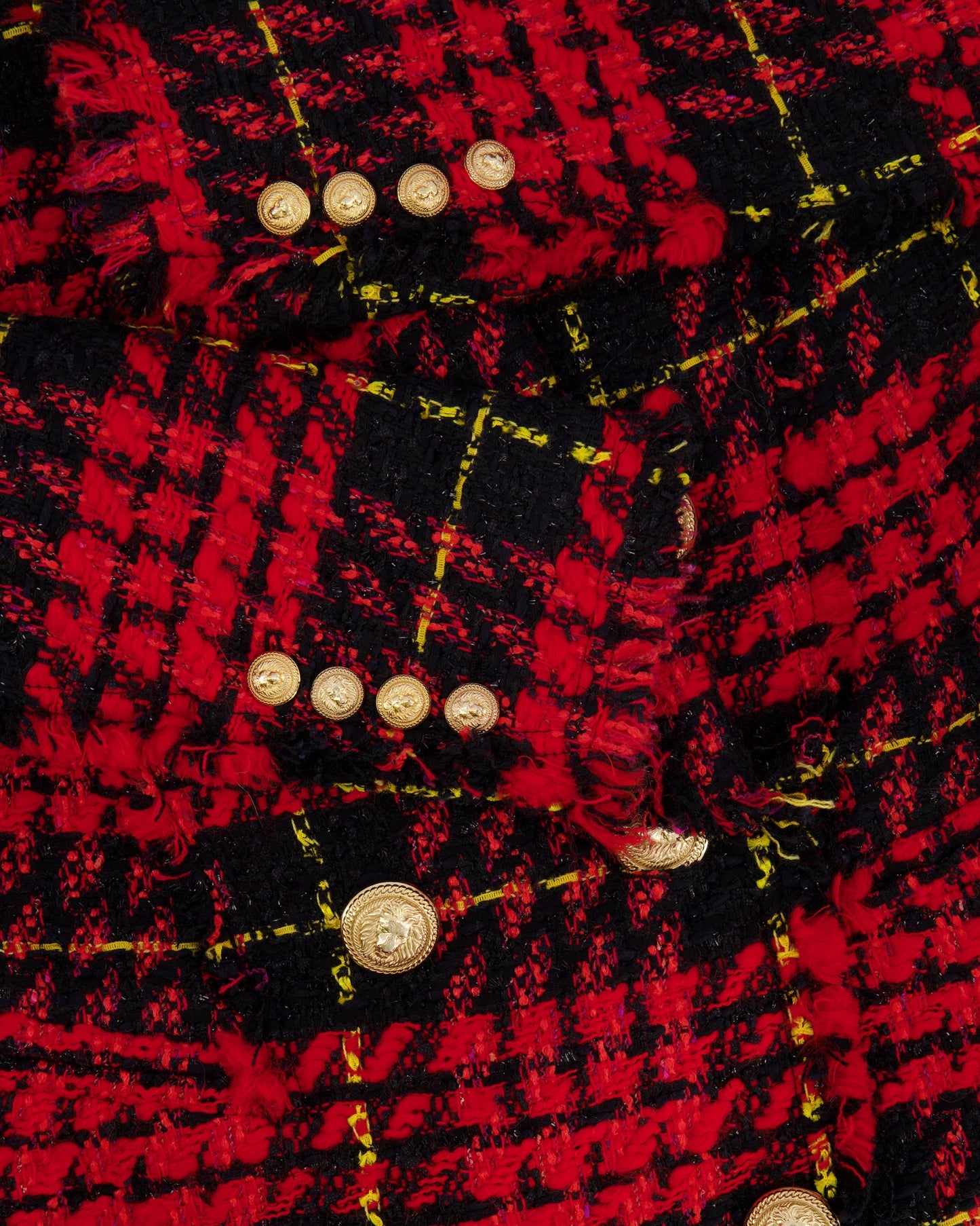 Balmain Red and Black Tweed Belted Double-Breasted Blazer Jacket with Gold Lion Buttons Size FR 36 (UK 8)