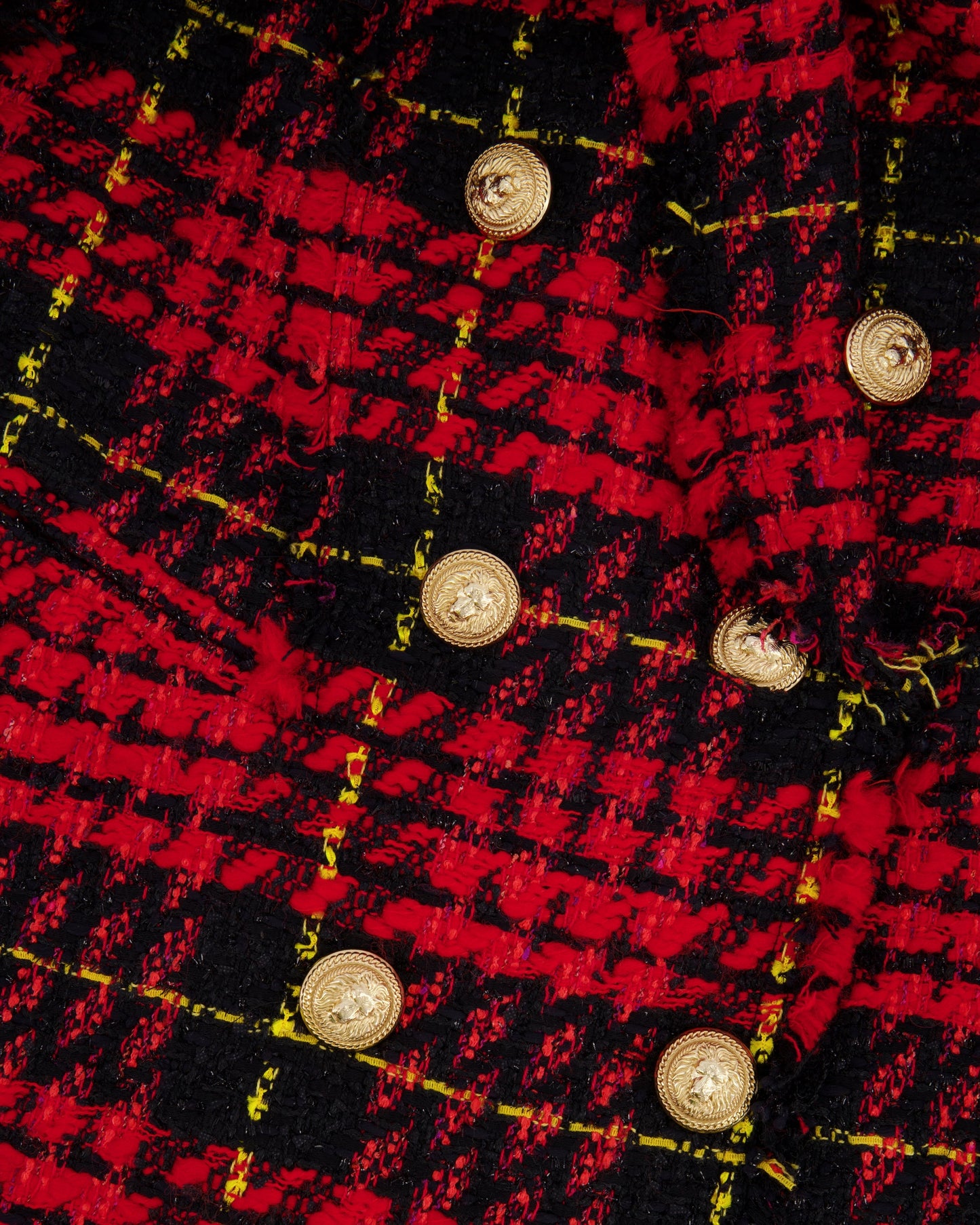 Balmain Red and Black Tweed Belted Double-Breasted Blazer Jacket with Gold Lion Buttons Size FR 36 (UK 8)