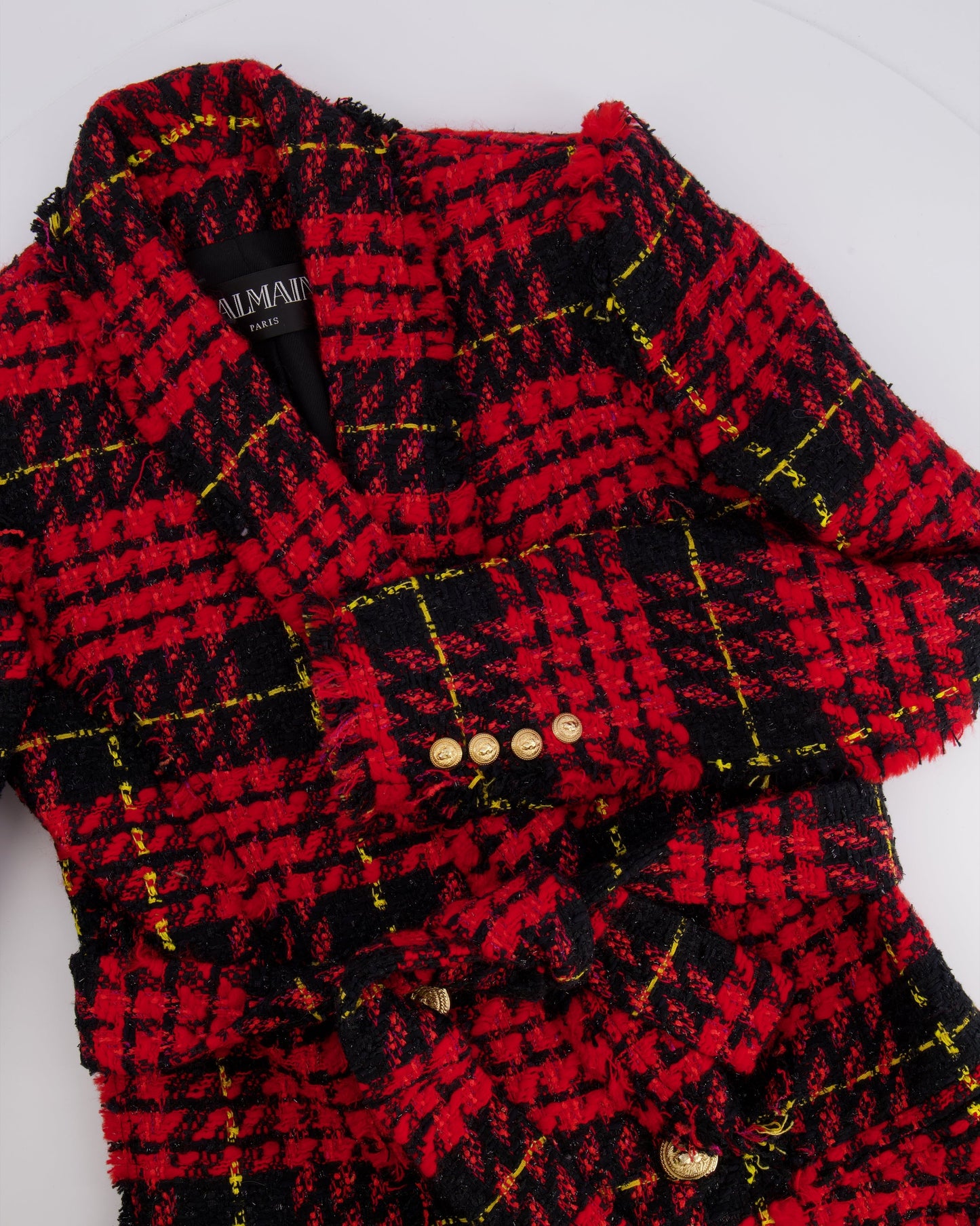 Balmain Red and Black Tweed Belted Double-Breasted Blazer Jacket with Gold Lion Buttons Size FR 36 (UK 8)