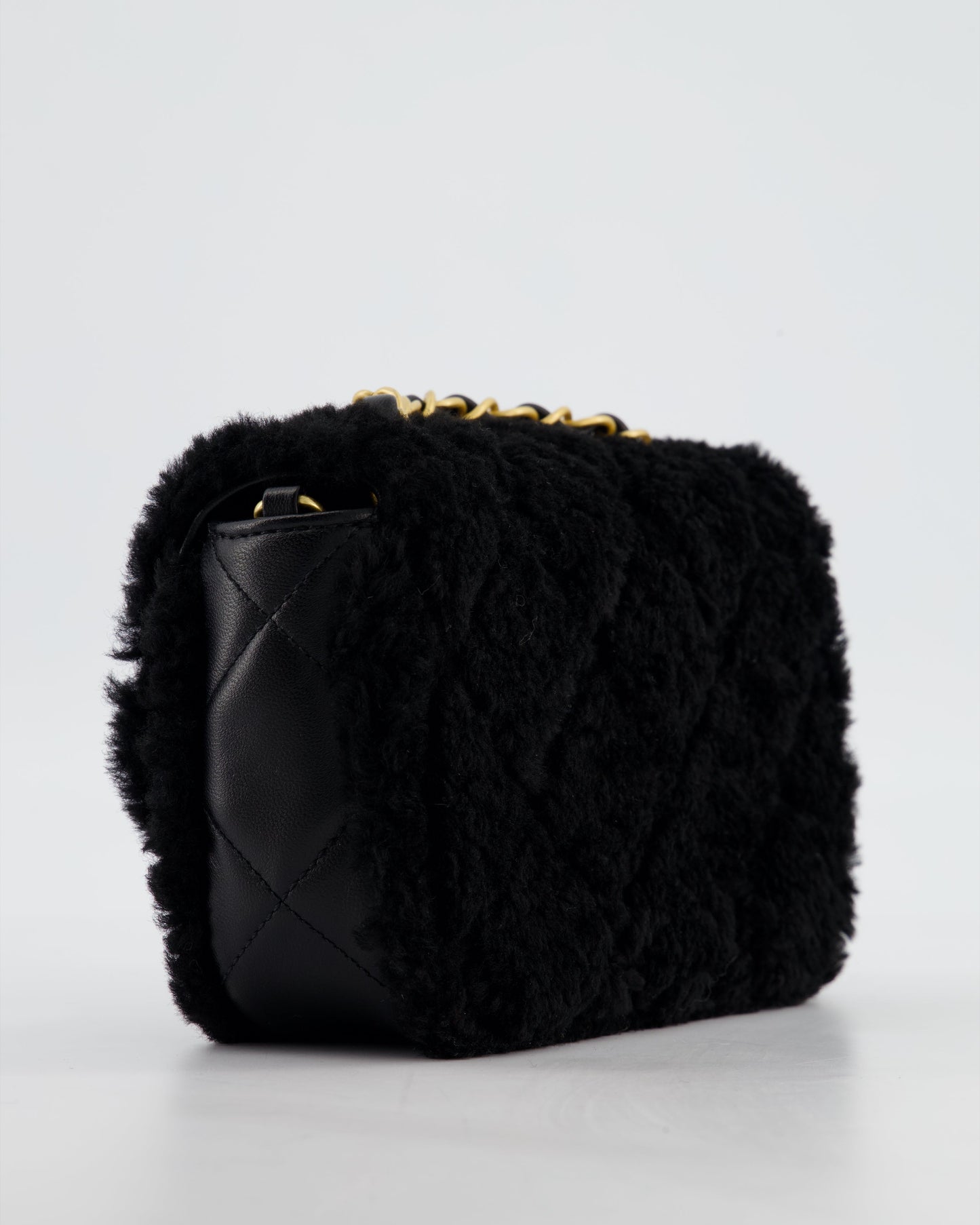 *SUPER RARE* Chanel Classic Mini Rectangular Shearling Flap Bag in Black Lambskin Leather with Gold Hardware