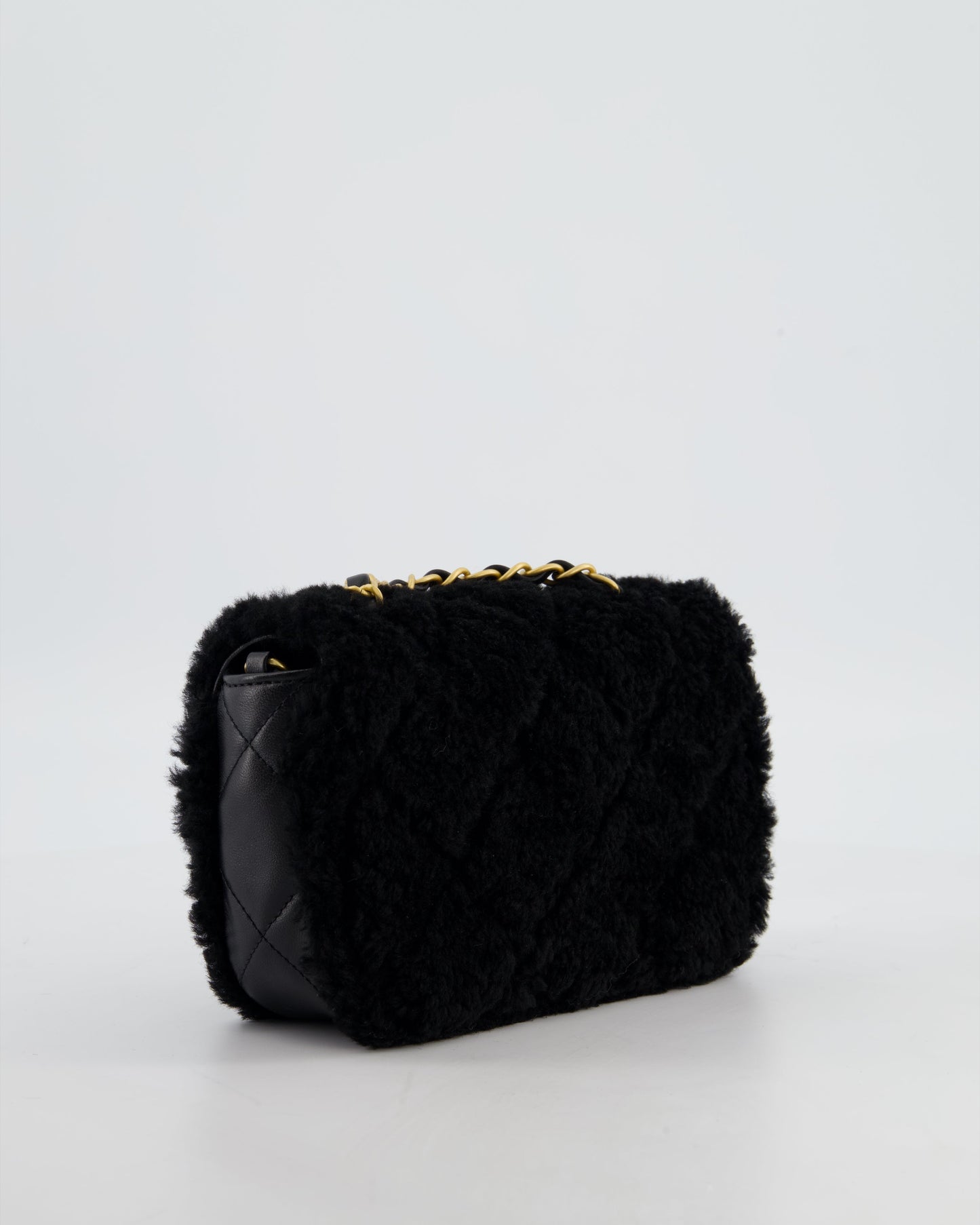 *SUPER RARE* Chanel Classic Mini Rectangular Shearling Flap Bag in Black Lambskin Leather with Gold Hardware
