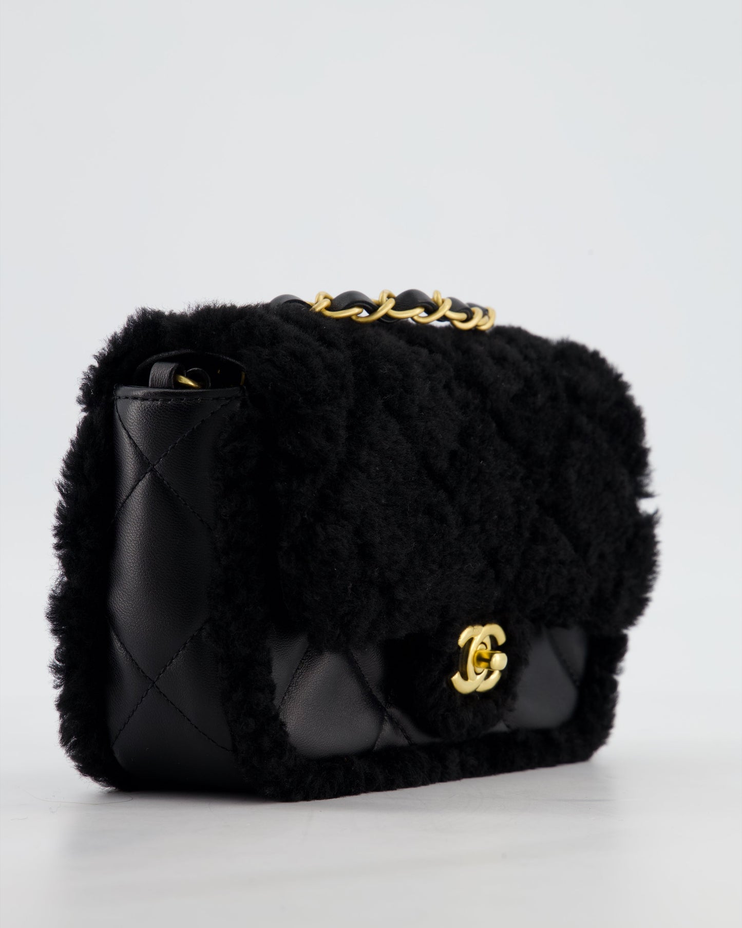 *SUPER RARE* Chanel Classic Mini Rectangular Shearling Flap Bag in Black Lambskin Leather with Gold Hardware
