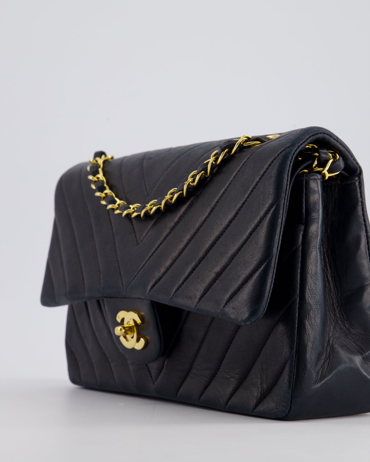 Chanel Navy   Classic Medium Chevron Double Flap Bag in Lambskin Leather with 24K Gold Hardware