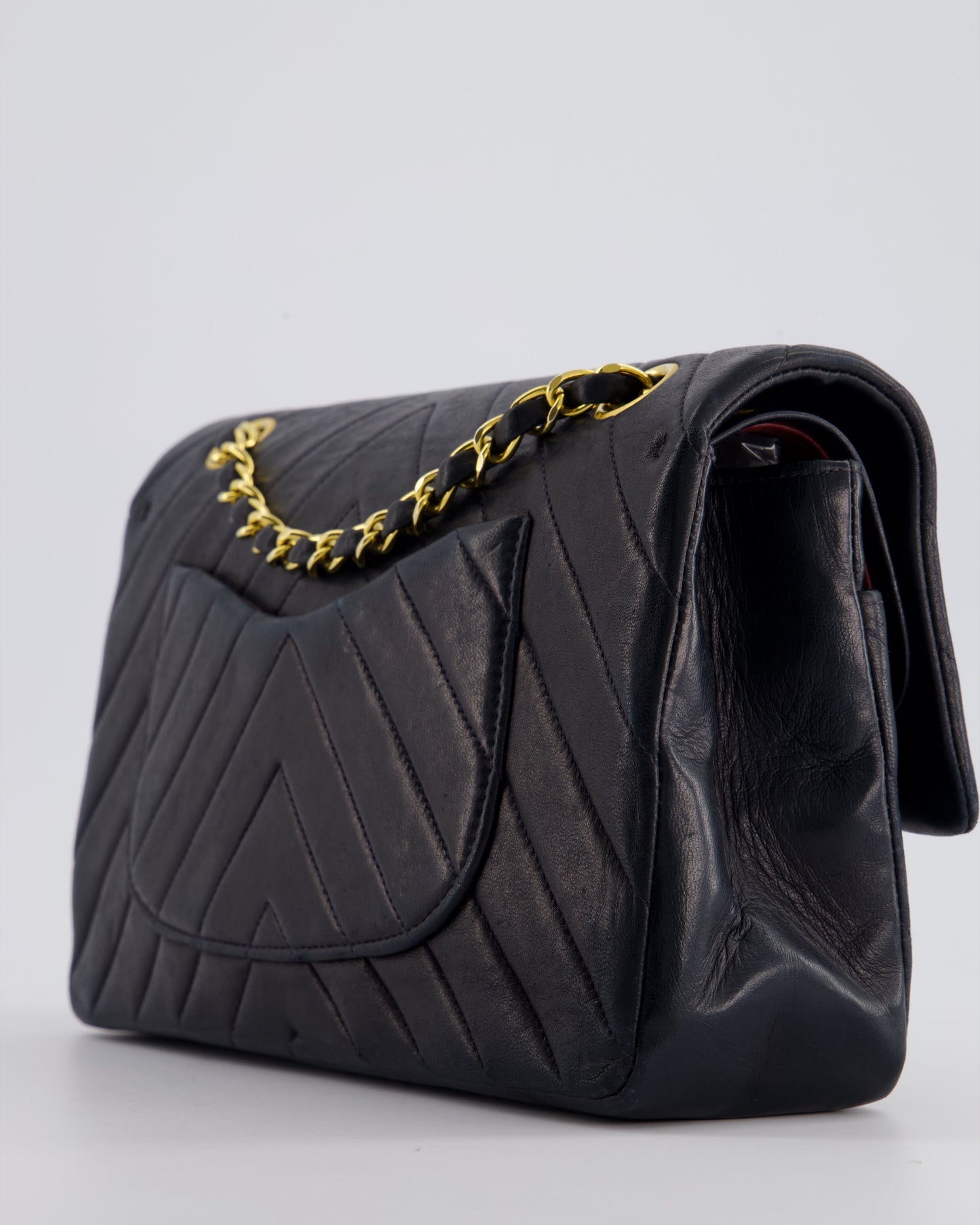 Chanel Navy   Classic Medium Chevron Double Flap Bag in Lambskin Leather with 24K Gold Hardware