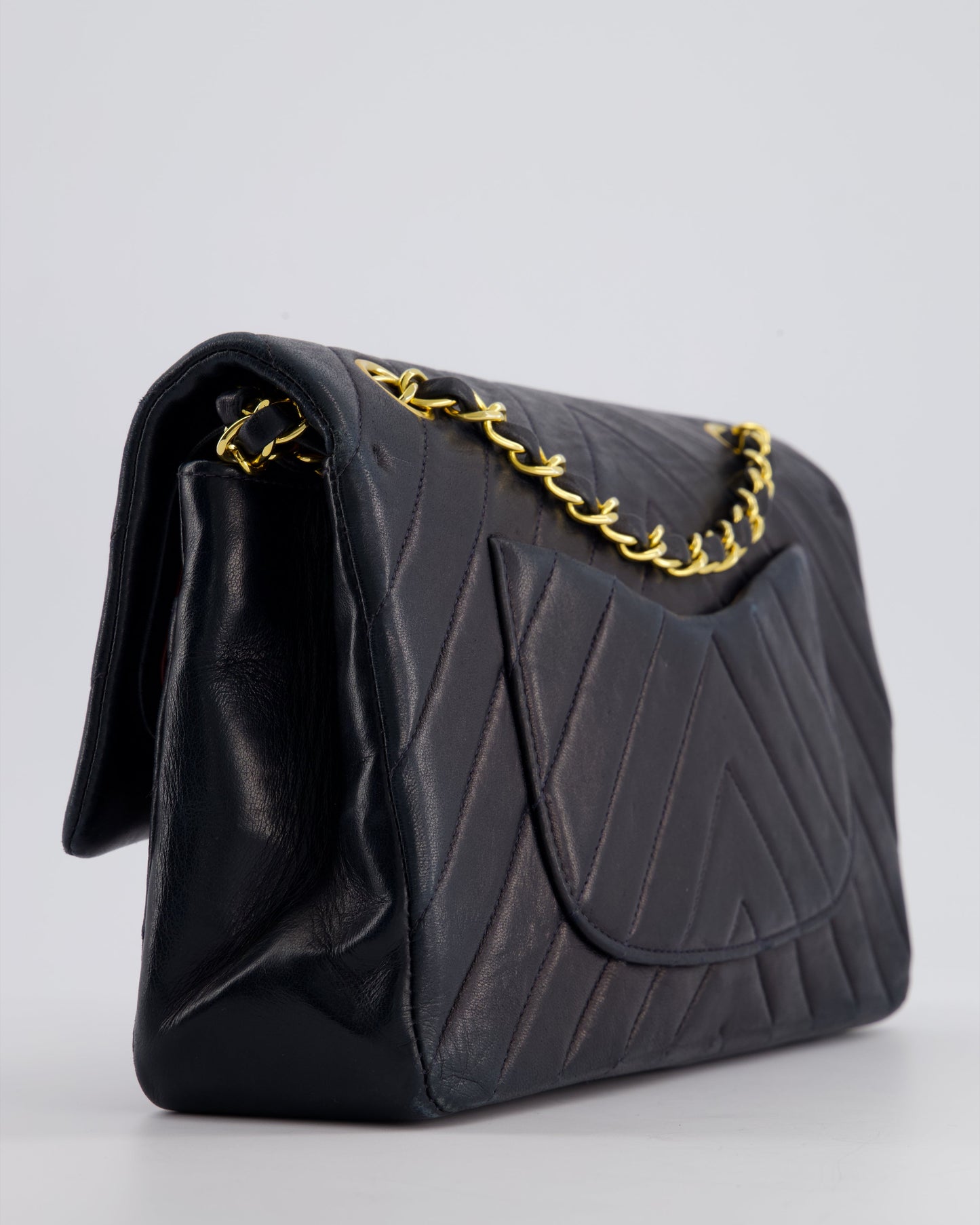 Chanel Navy   Classic Medium Chevron Double Flap Bag in Lambskin Leather with 24K Gold Hardware