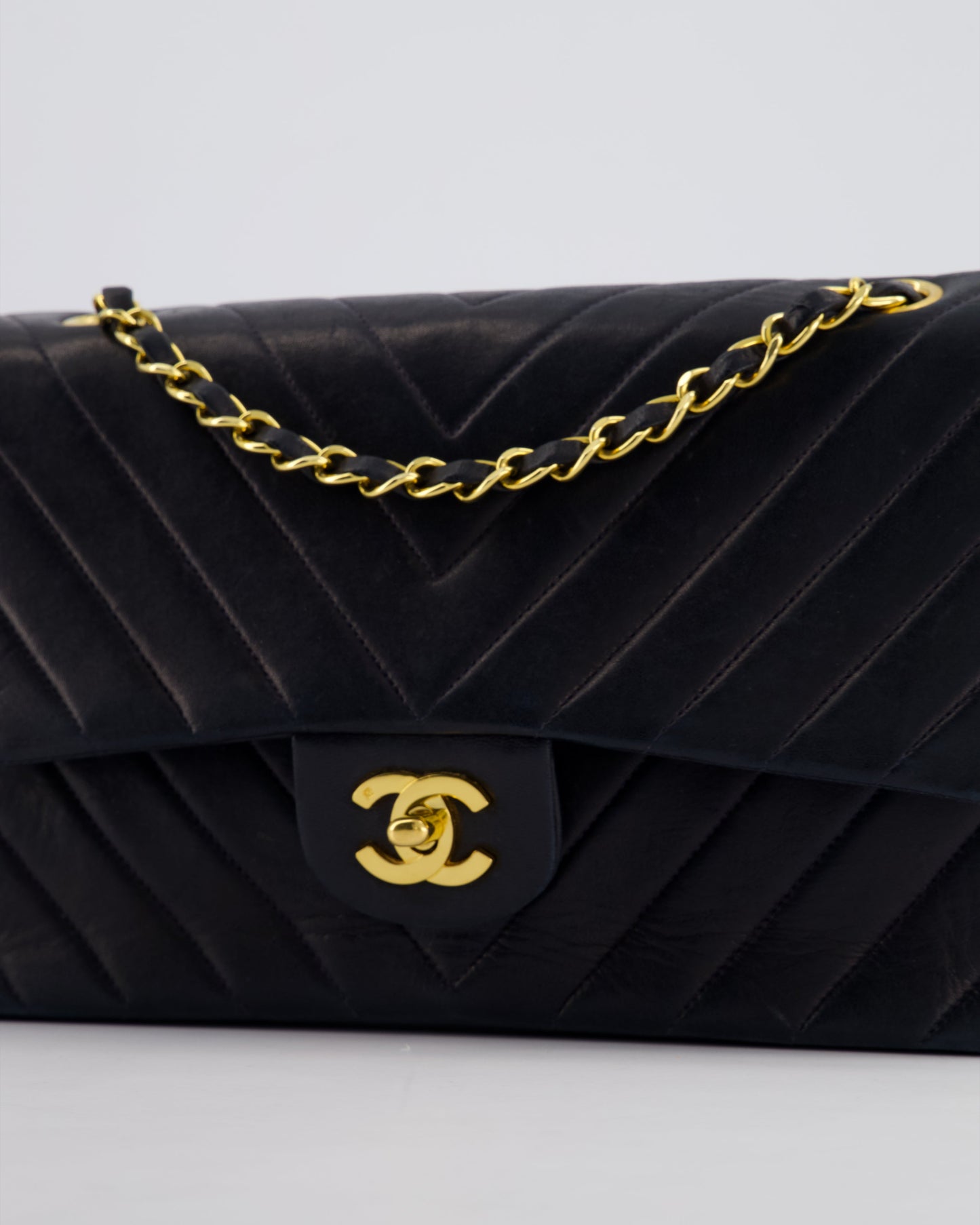 Chanel Navy   Classic Medium Chevron Double Flap Bag in Lambskin Leather with 24K Gold Hardware