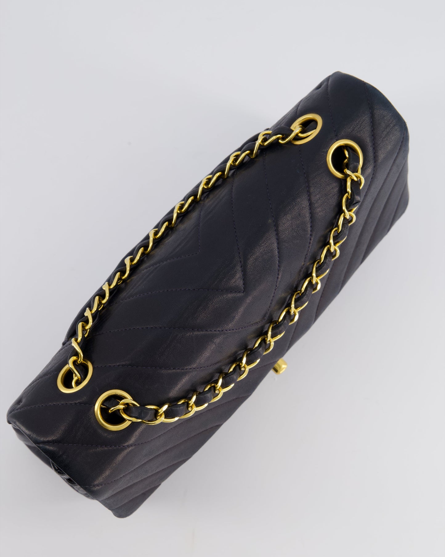 Chanel Navy   Classic Medium Chevron Double Flap Bag in Lambskin Leather with 24K Gold Hardware