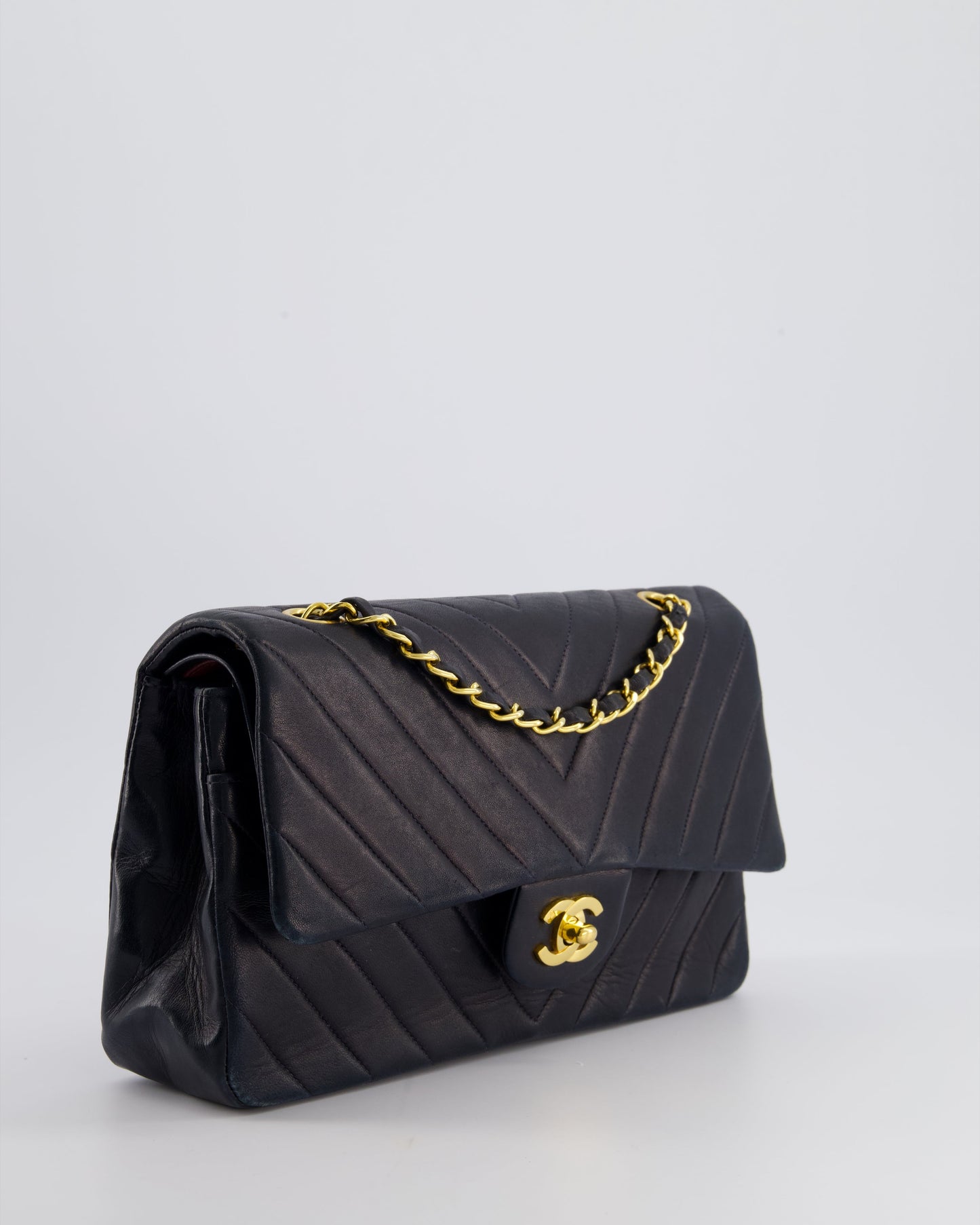 Chanel Navy   Classic Medium Chevron Double Flap Bag in Lambskin Leather with 24K Gold Hardware