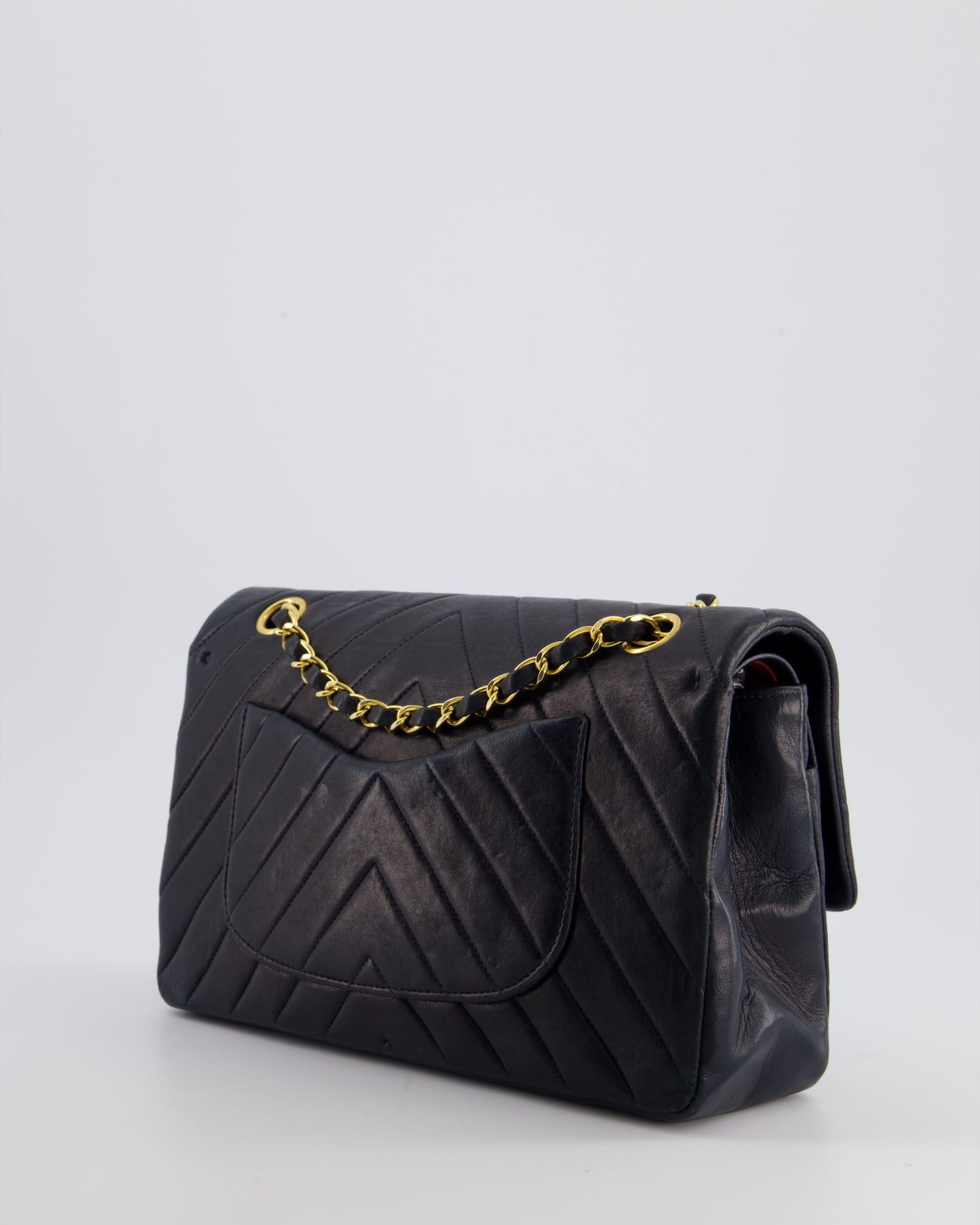 Chanel Navy   Classic Medium Chevron Double Flap Bag in Lambskin Leather with 24K Gold Hardware