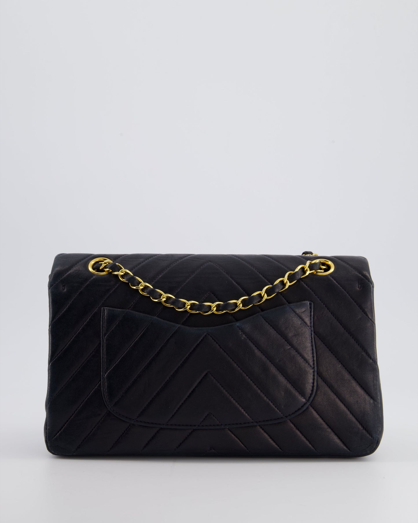 Chanel Navy   Classic Medium Chevron Double Flap Bag in Lambskin Leather with 24K Gold Hardware
