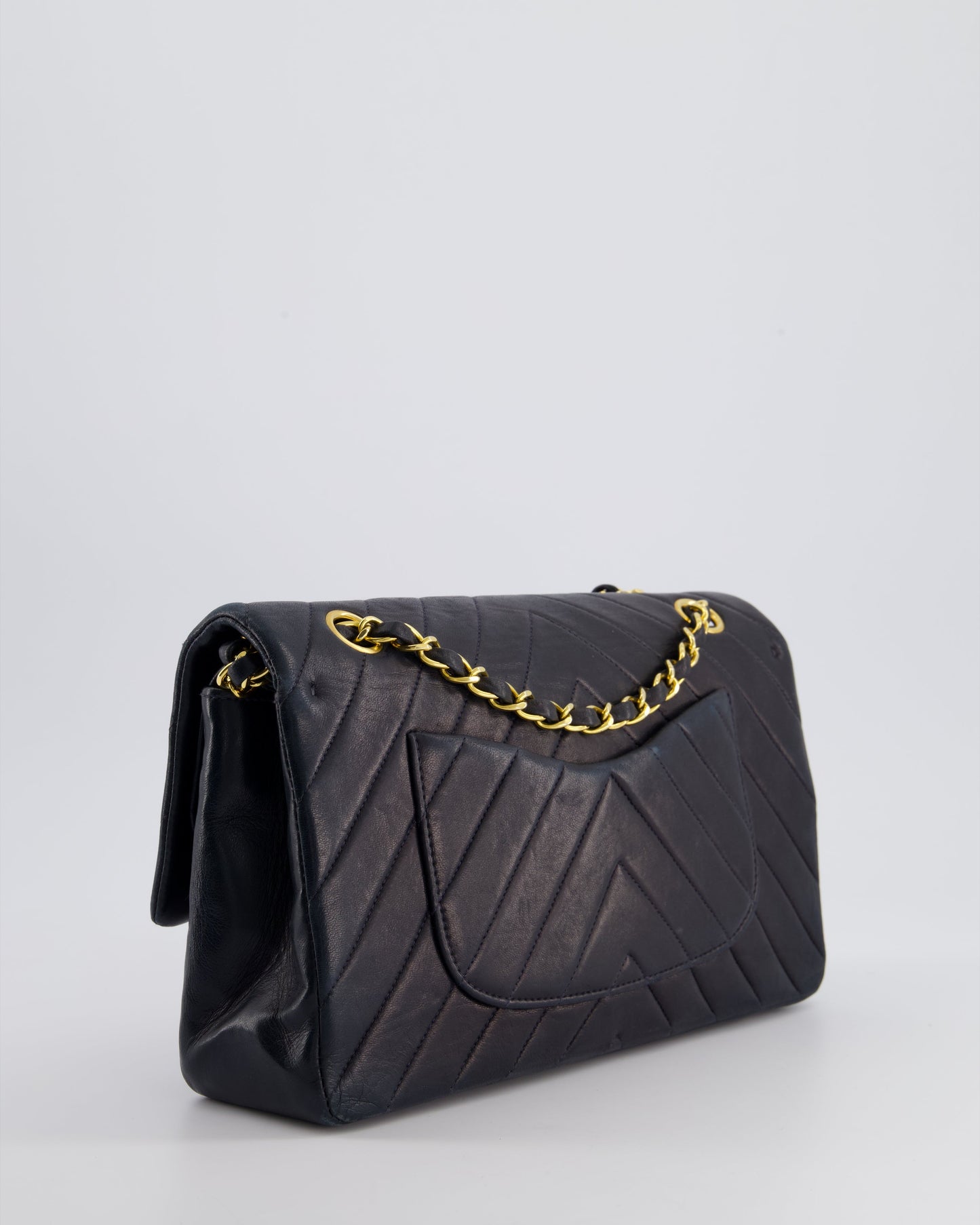 Chanel Navy   Classic Medium Chevron Double Flap Bag in Lambskin Leather with 24K Gold Hardware