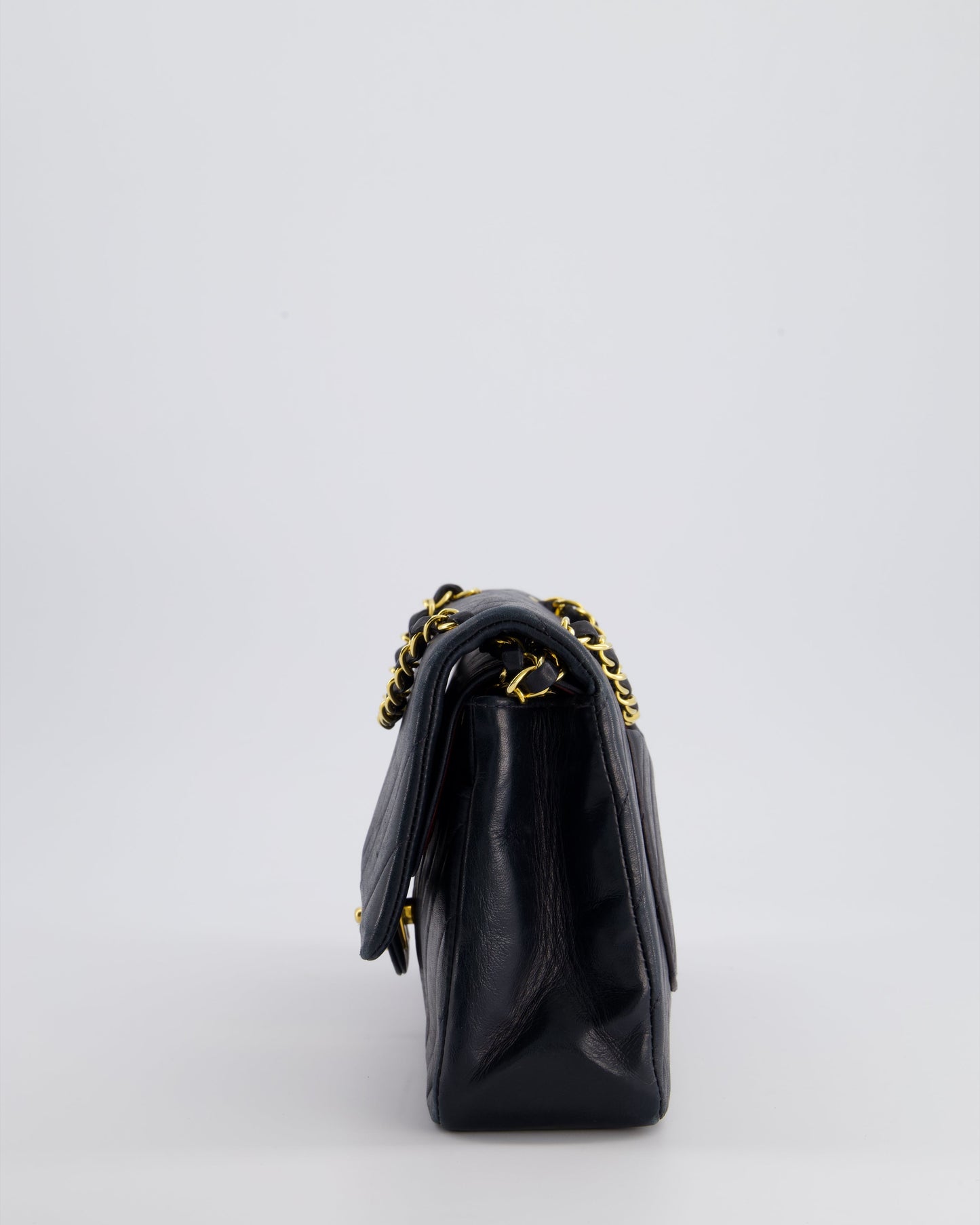 Chanel Navy   Classic Medium Chevron Double Flap Bag in Lambskin Leather with 24K Gold Hardware