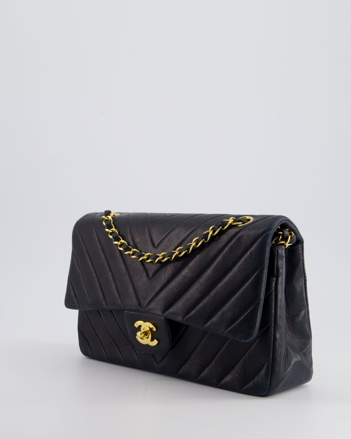Chanel Navy   Classic Medium Chevron Double Flap Bag in Lambskin Leather with 24K Gold Hardware