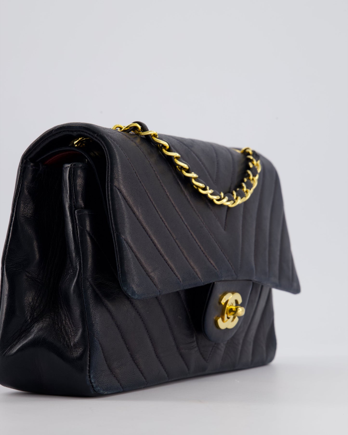 Chanel Navy   Classic Medium Chevron Double Flap Bag in Lambskin Leather with 24K Gold Hardware