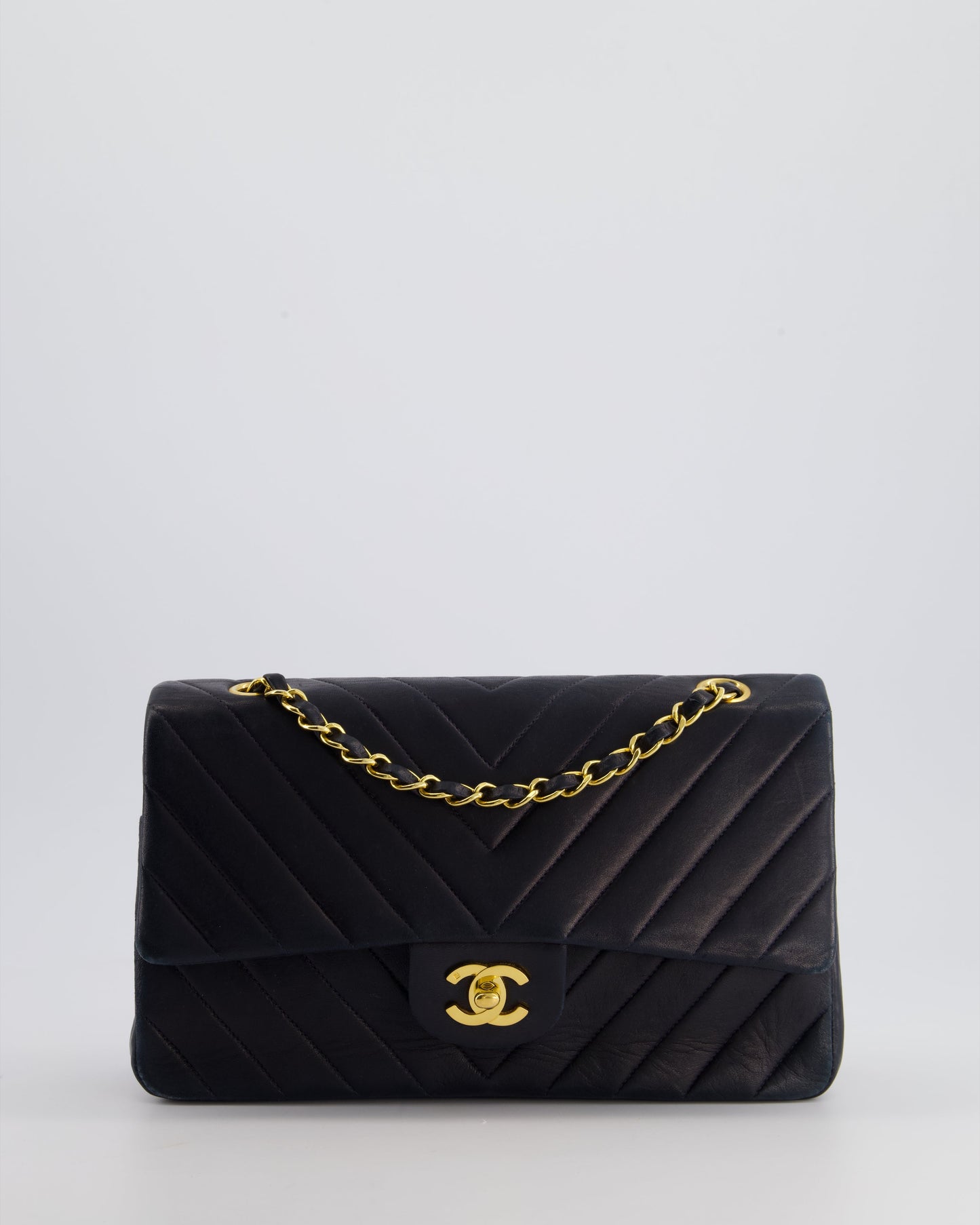 Chanel Navy   Classic Medium Chevron Double Flap Bag in Lambskin Leather with 24K Gold Hardware