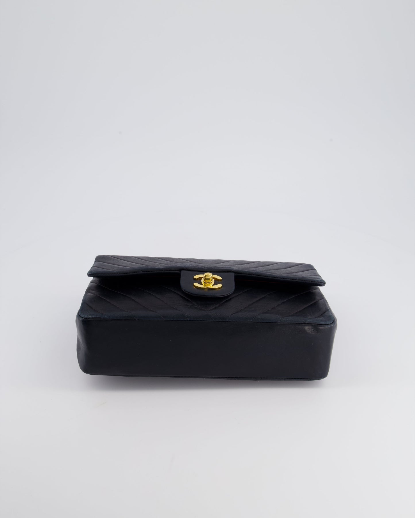Chanel Navy   Classic Medium Chevron Double Flap Bag in Lambskin Leather with 24K Gold Hardware