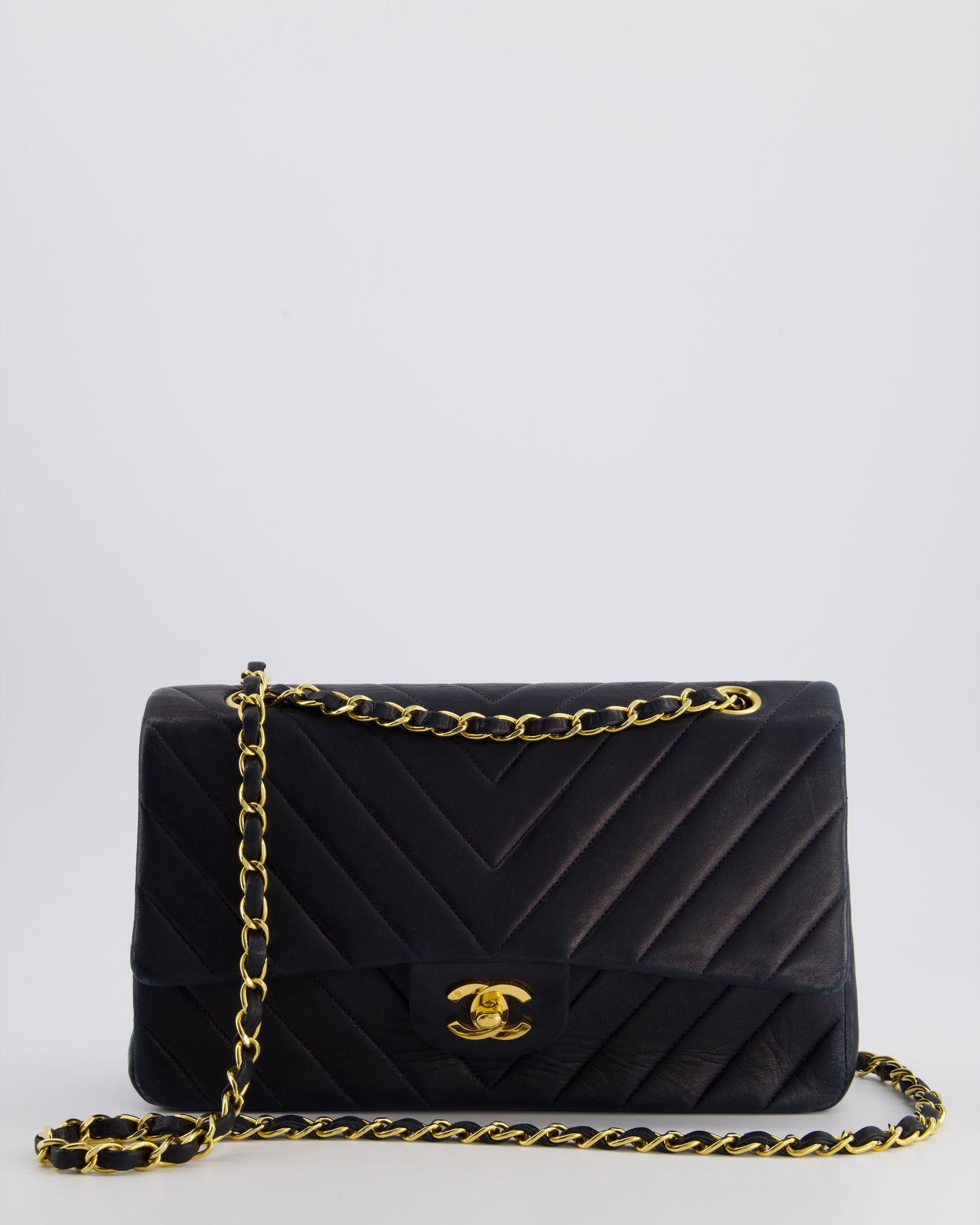 Chanel Navy   Classic Medium Chevron Double Flap Bag in Lambskin Leather with 24K Gold Hardware