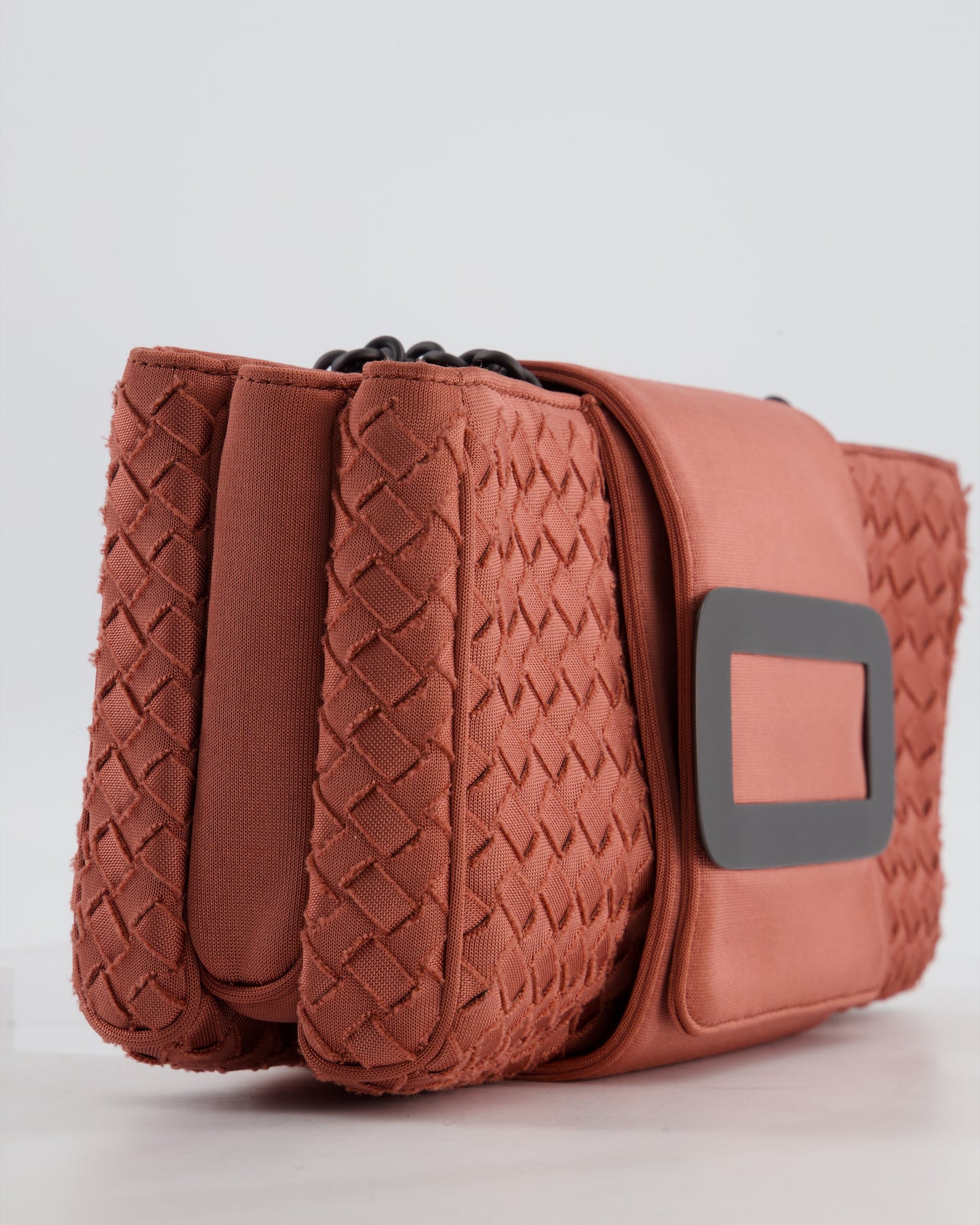 Bottega Veneta Pink Intrecciato Canvas Buckle Flap Bag with Black Hardware