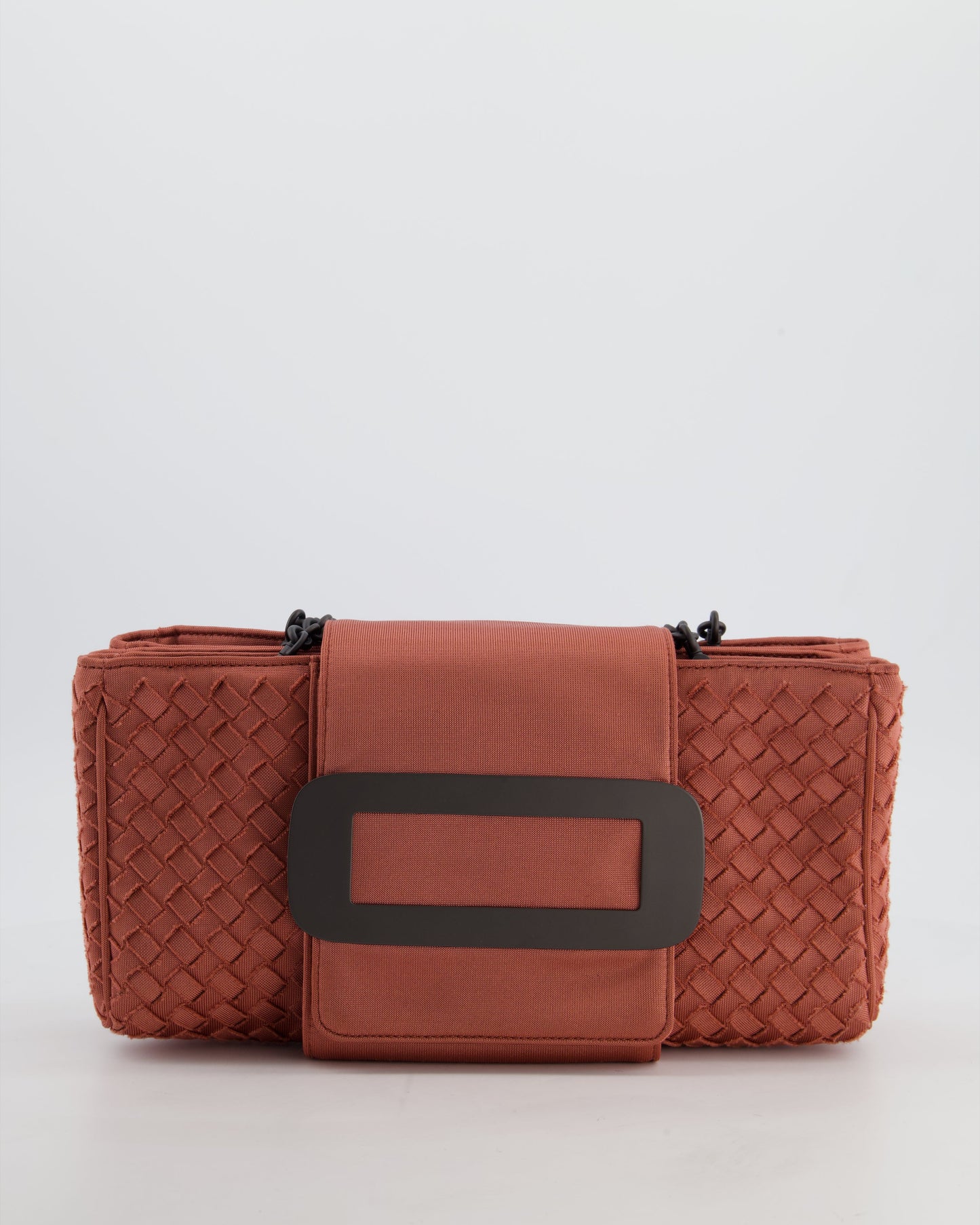 Bottega Veneta Pink Intrecciato Canvas Buckle Flap Bag with Black Hardware