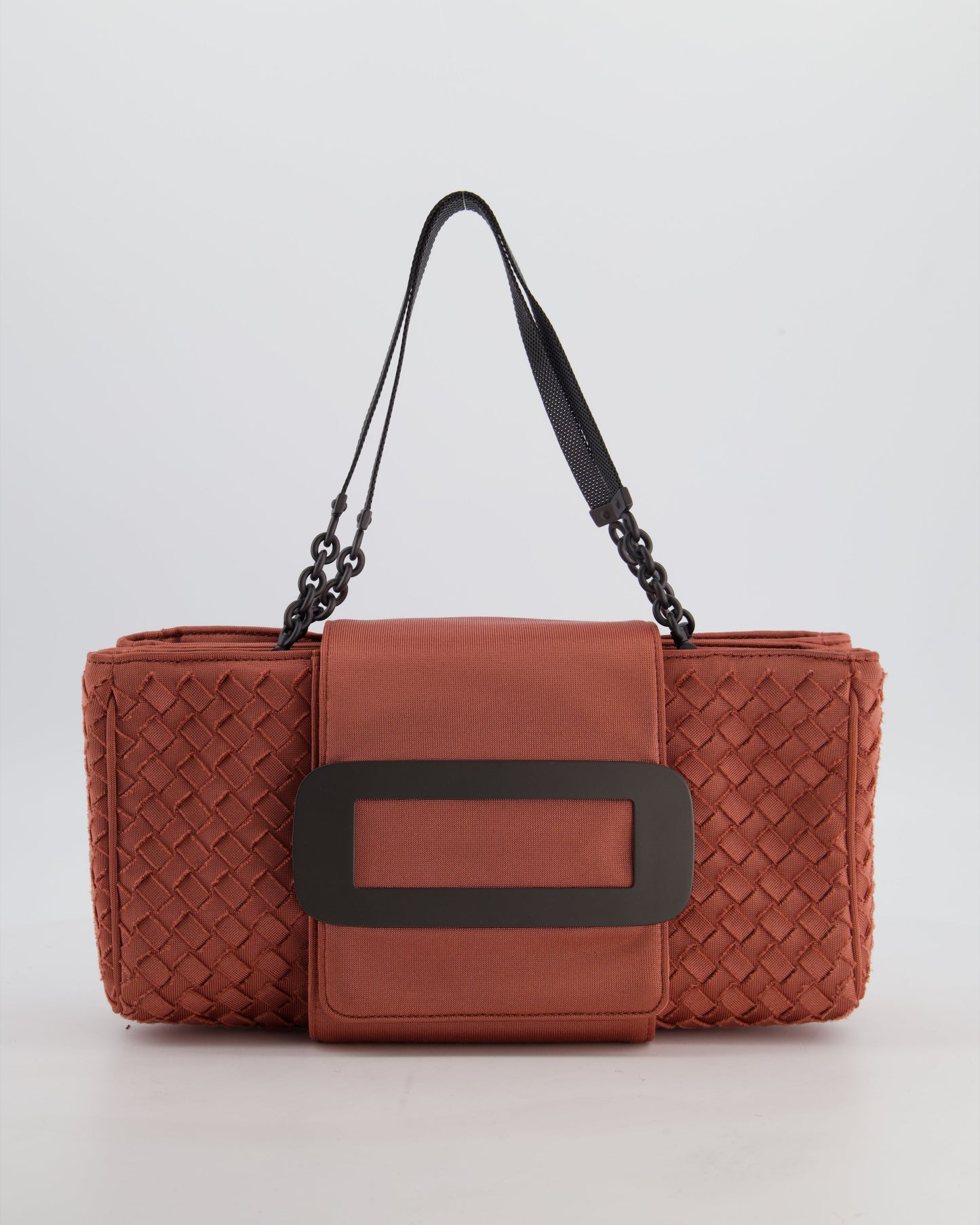 Bottega Veneta Pink Intrecciato Canvas Buckle Flap Bag with Black Hardware