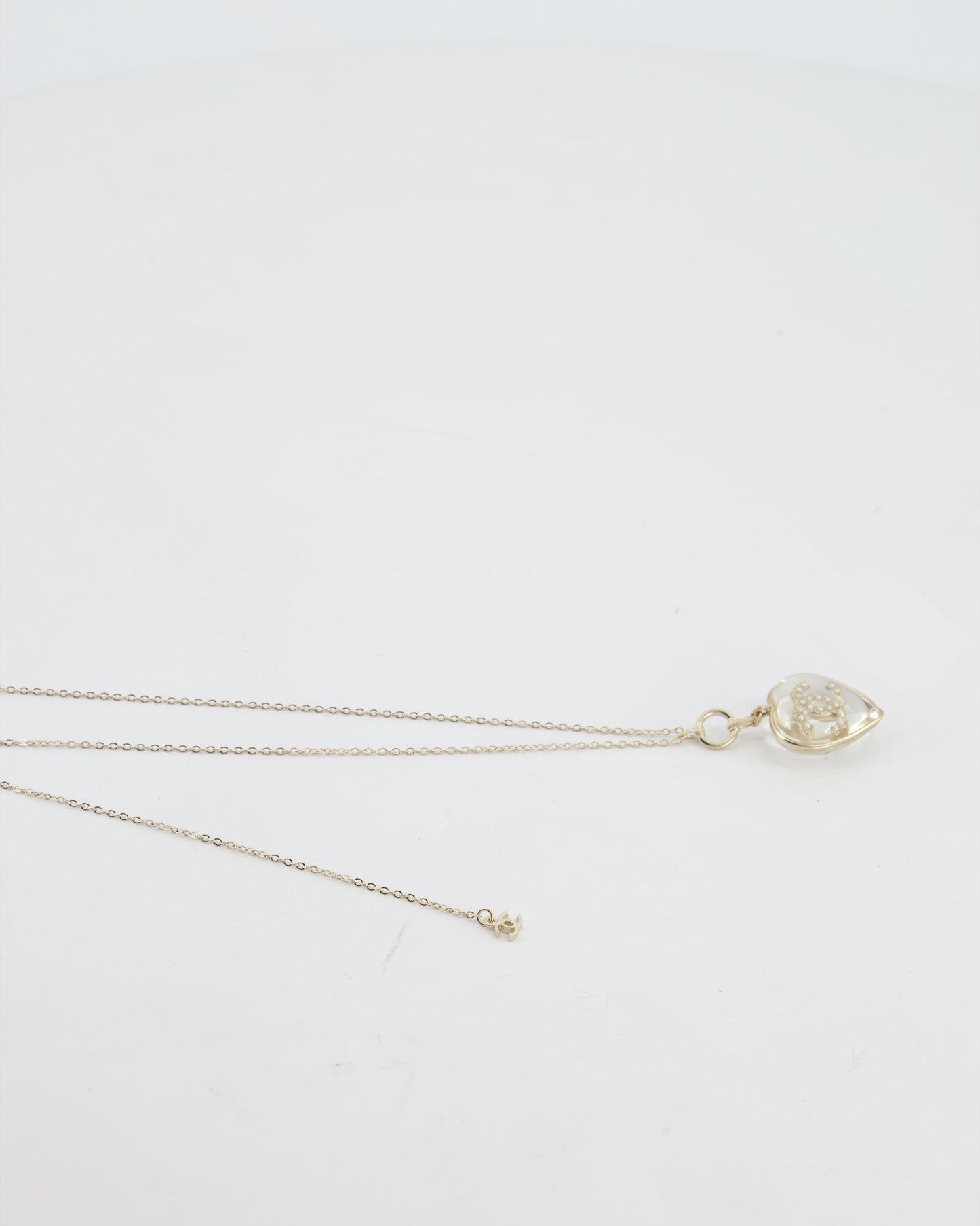 Chanel 16/P Gold CC Coco Heart Resin Pendant Chain Necklace with Pearl Details