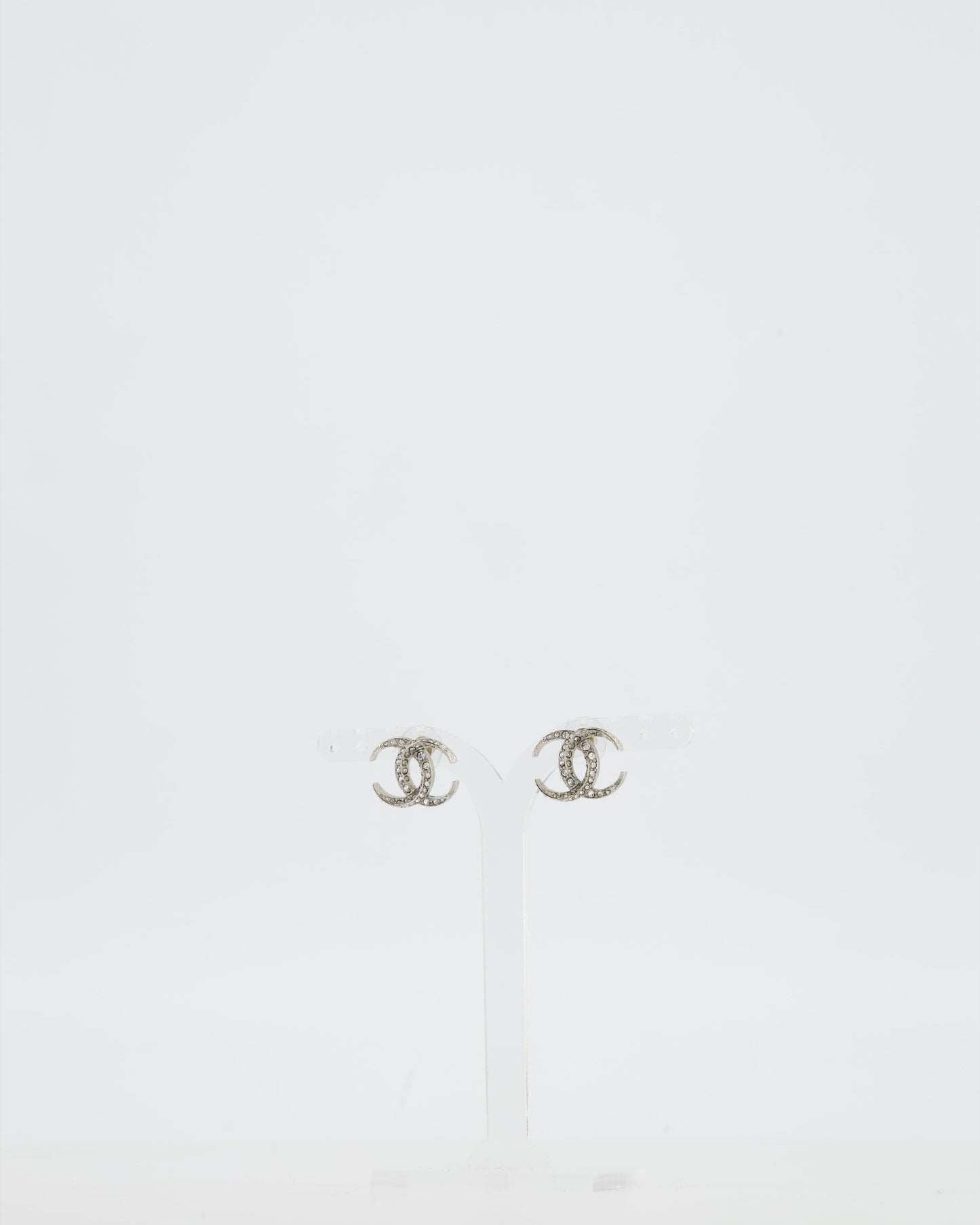 Chanel 2015 Silver CC Stud Earrings with Crystal Details