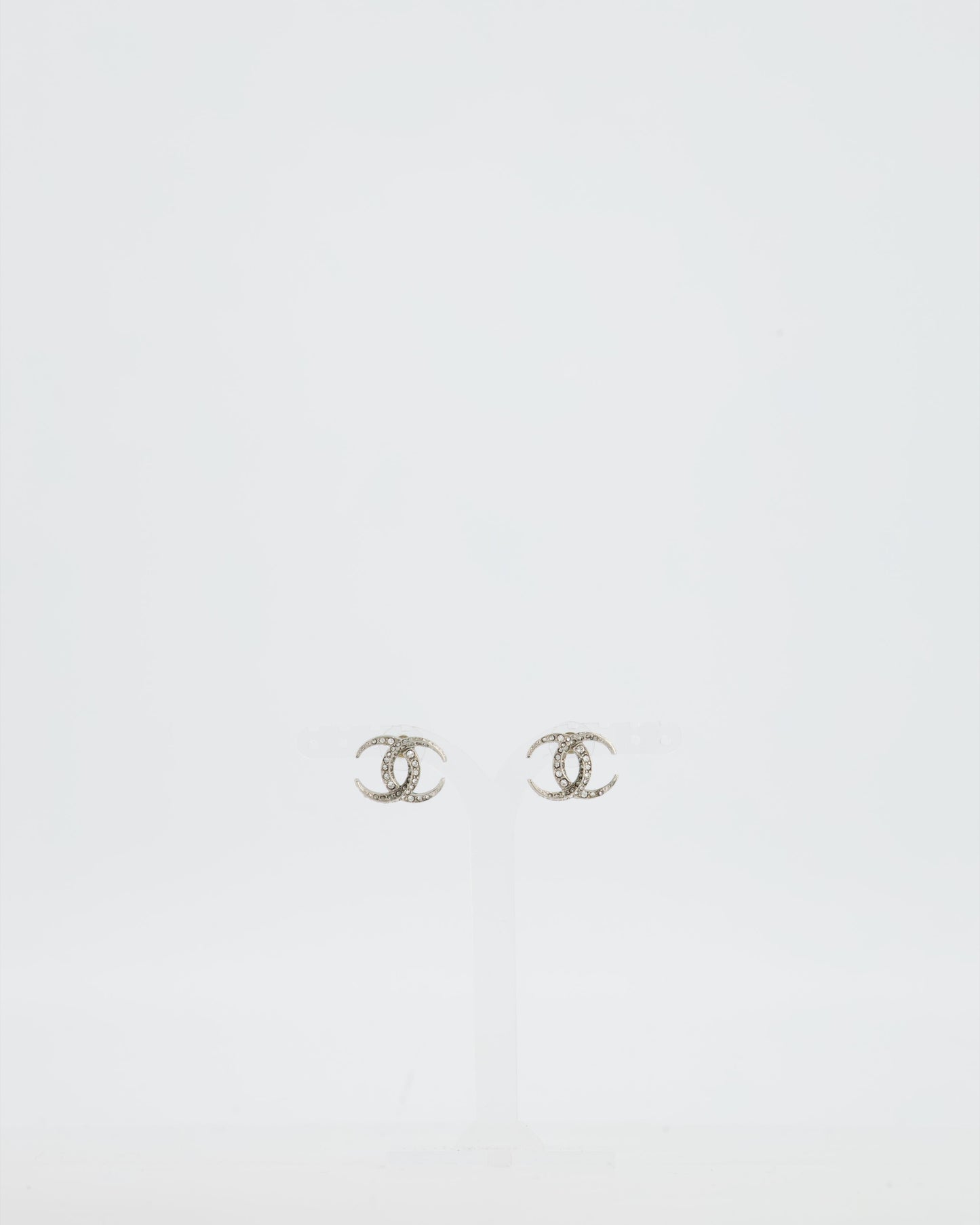 Chanel 2015 Silver CC Stud Earrings with Crystal Details