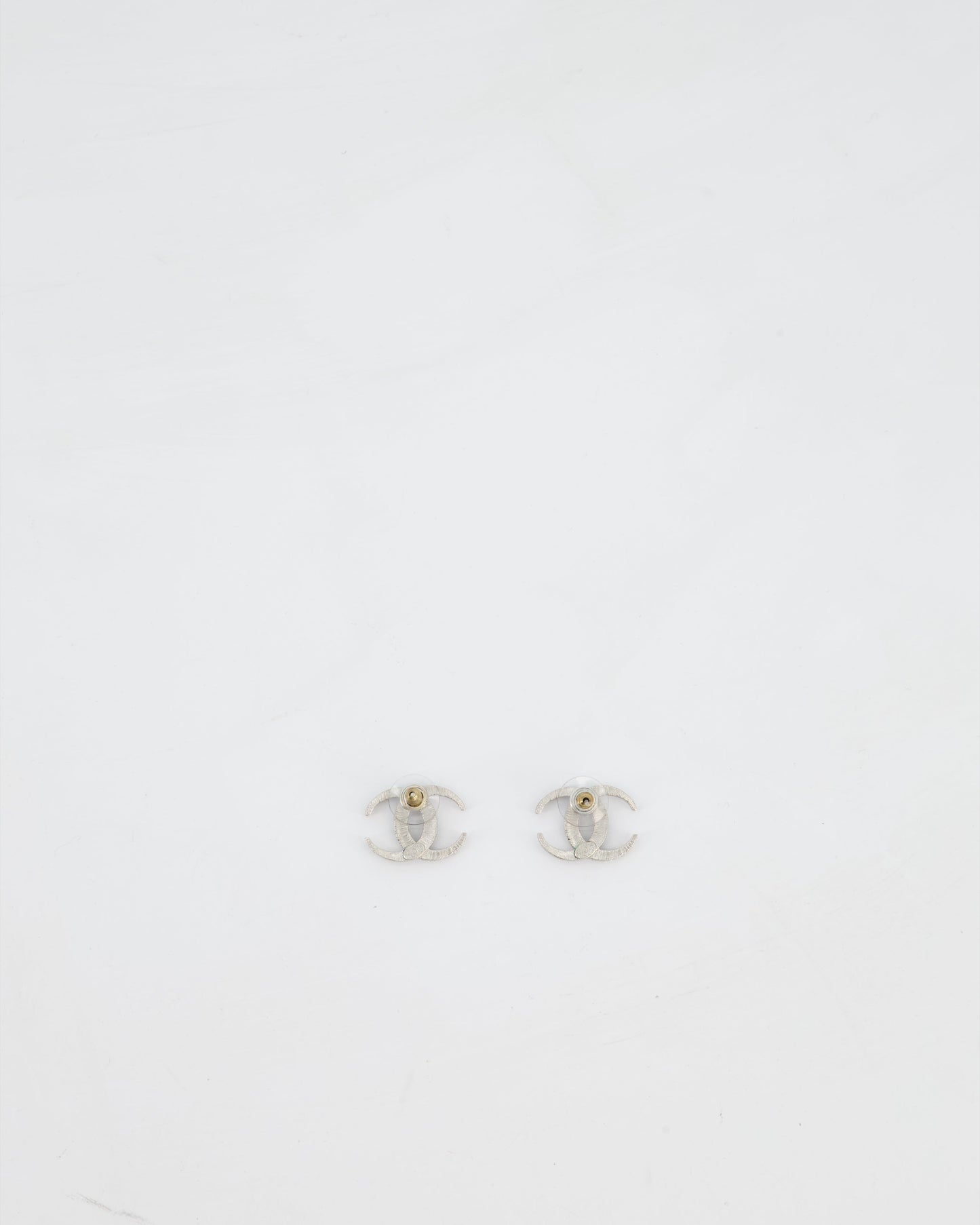 Chanel 2015 Silver CC Stud Earrings with Crystal Details
