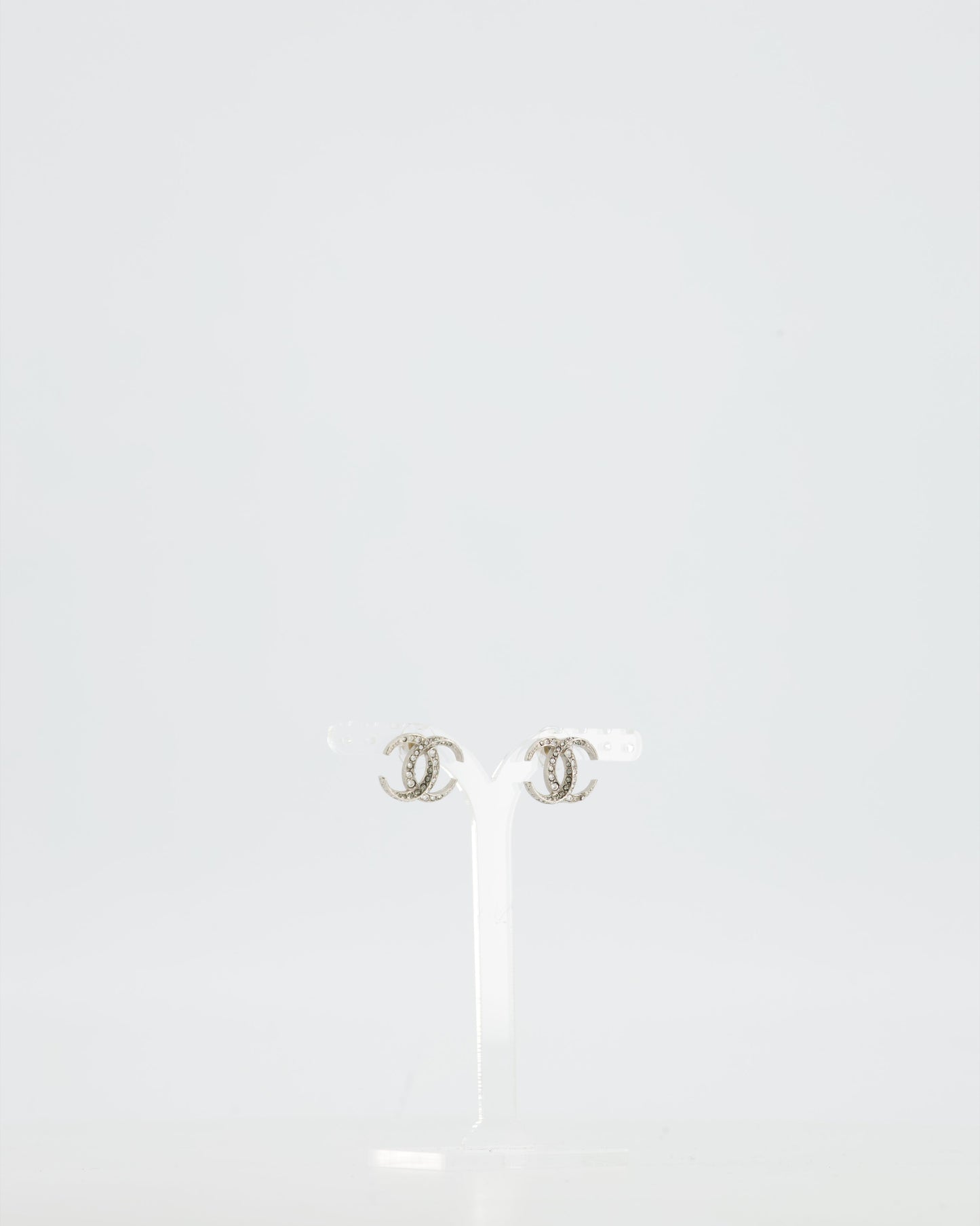 Chanel 2015 Silver CC Stud Earrings with Crystal Details