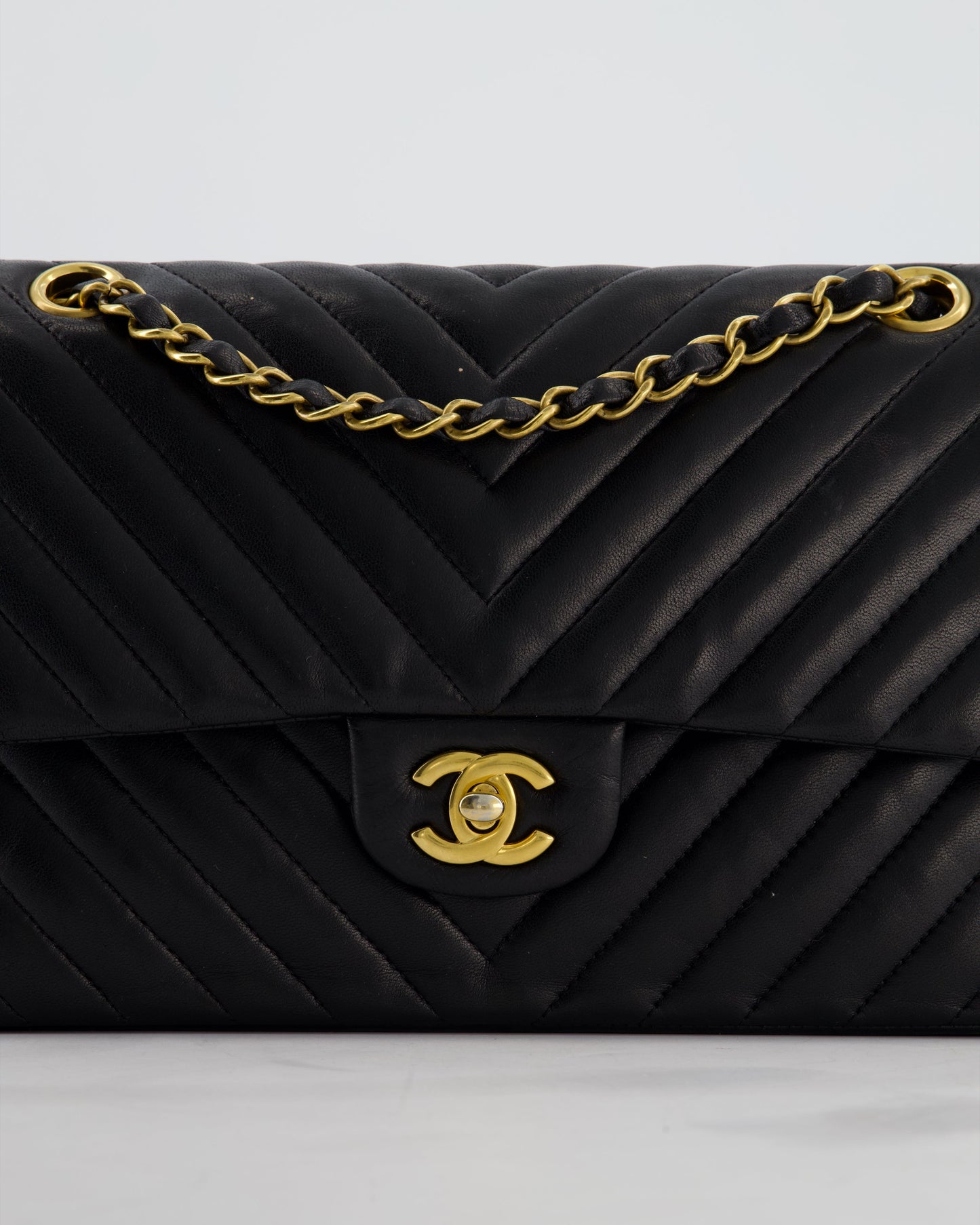 *FIRE PRICE* Chanel Black Chevron Medium Classic Double Flap Bag in Lambskin Leather with Gold Hardware