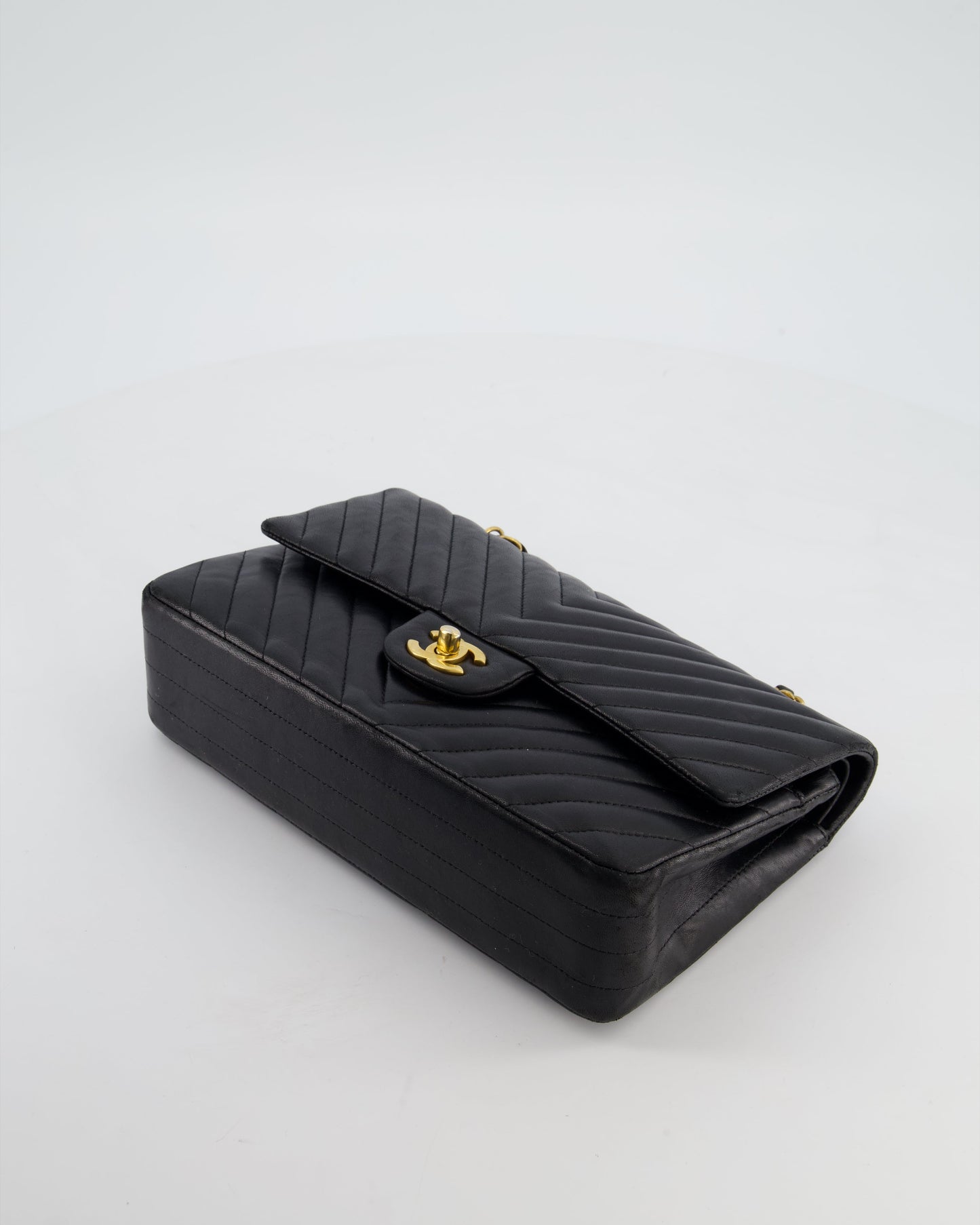 *FIRE PRICE* Chanel Black Chevron Medium Classic Double Flap Bag in Lambskin Leather with Gold Hardware