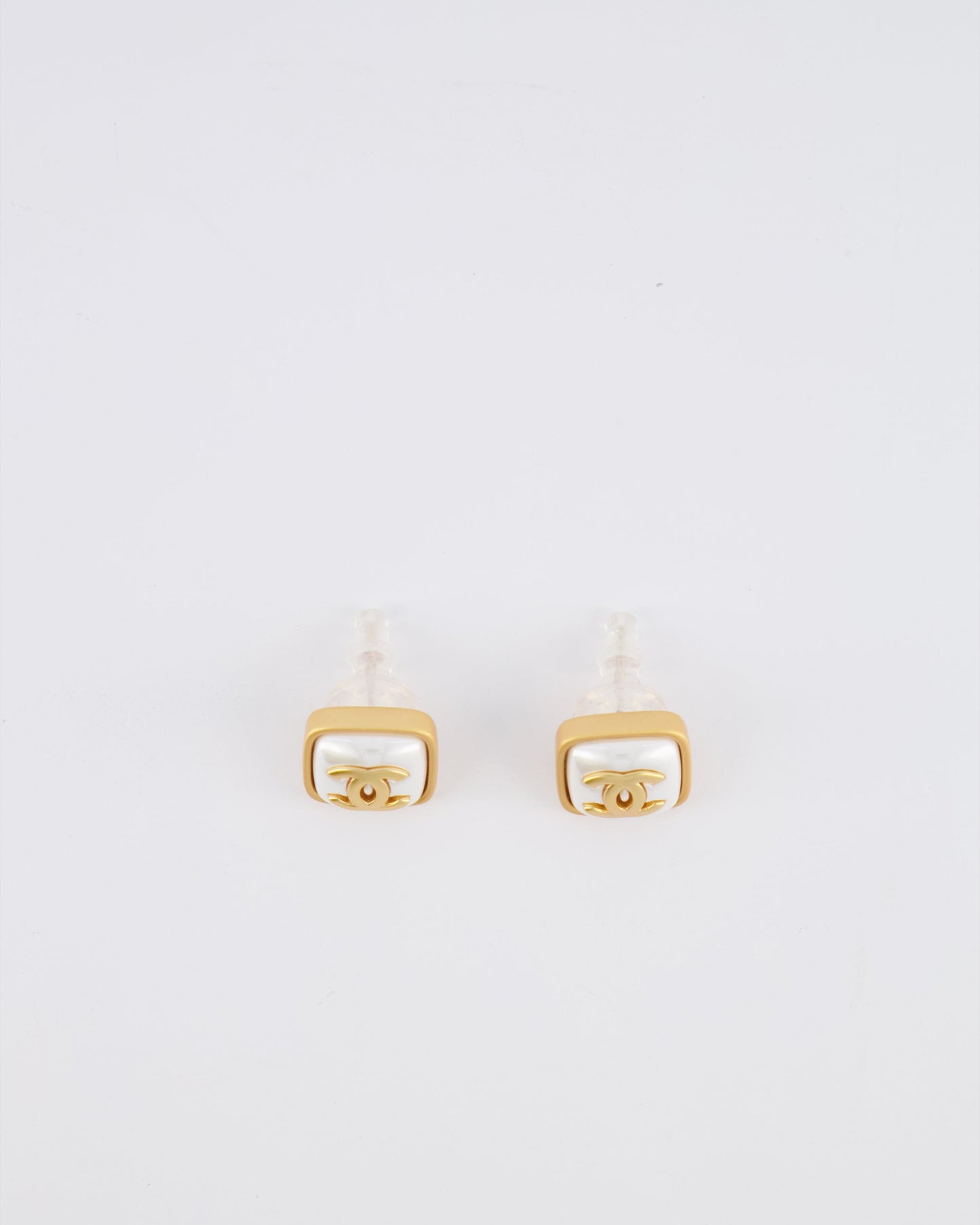 Chanel 25A Brushed Gold and White CC Logo Small Square Earrings