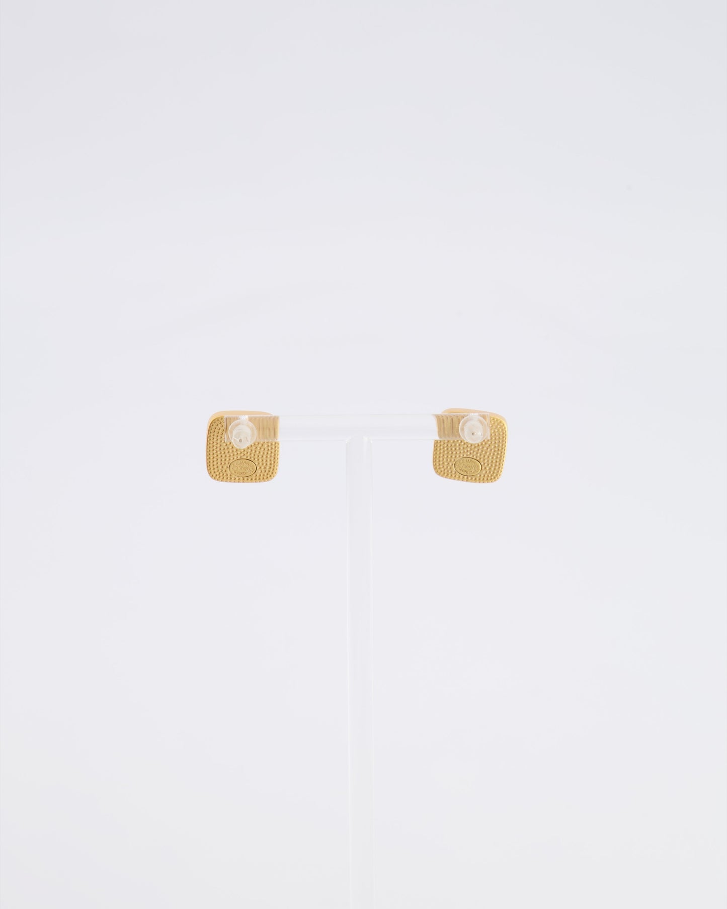 Chanel 25A Brushed Gold and White CC Logo Small Square Earrings