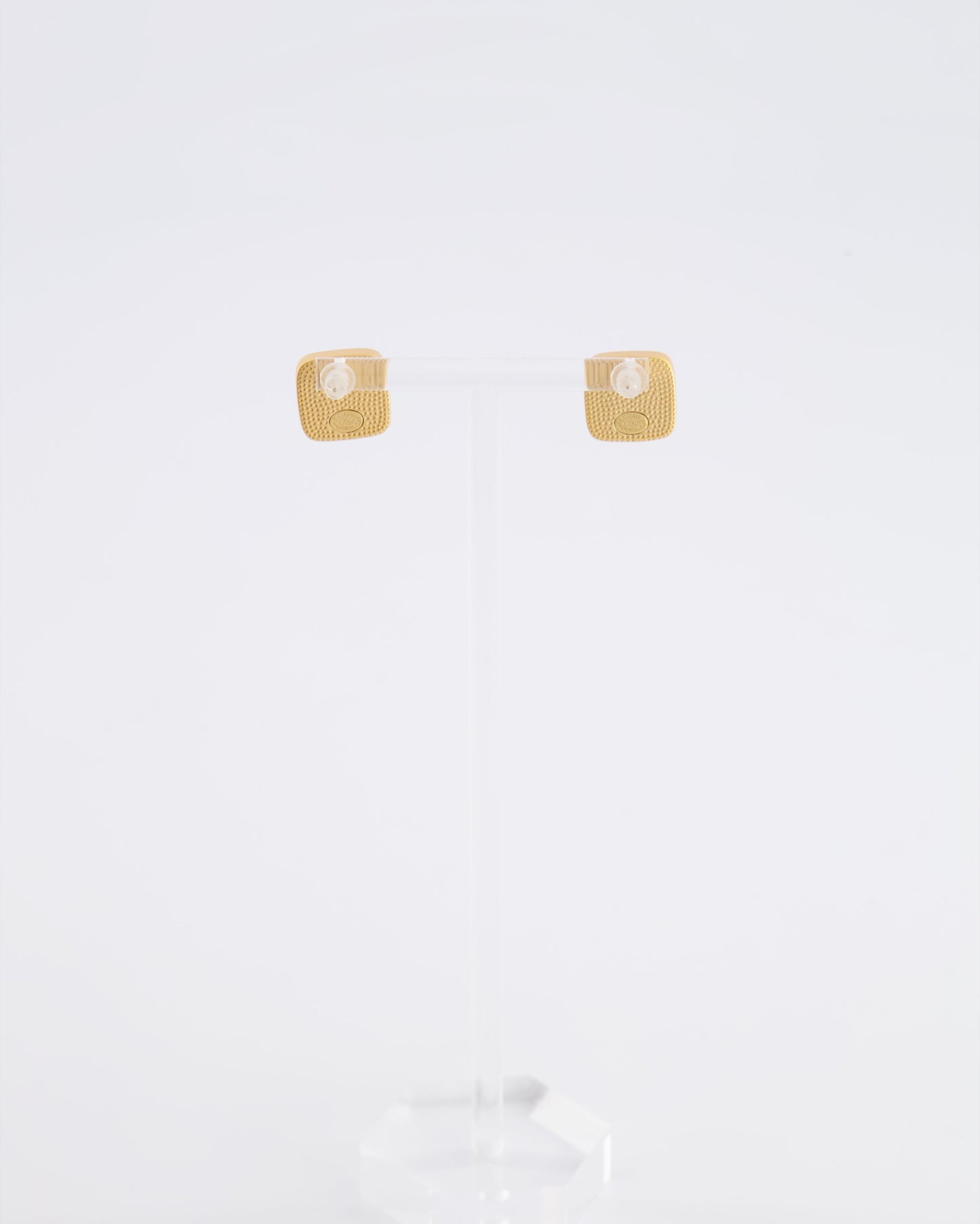 Chanel 25A Brushed Gold and White CC Logo Small Square Earrings