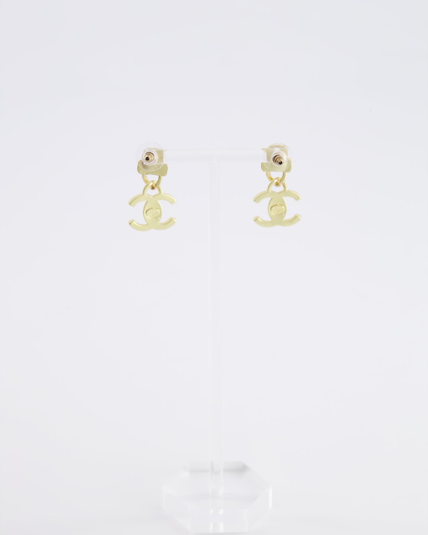 Chanel 22A Brushed Gold CC Logo Pendant Earrings with Black Enamel Detailing