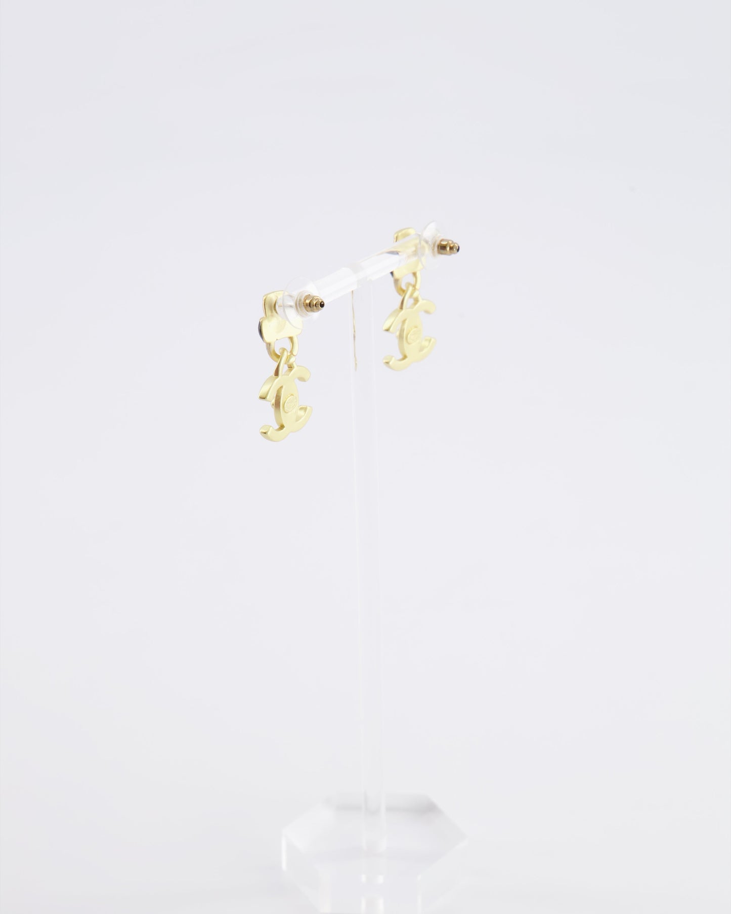 Chanel 22A Brushed Gold CC Logo Pendant Earrings with Black Enamel Detailing