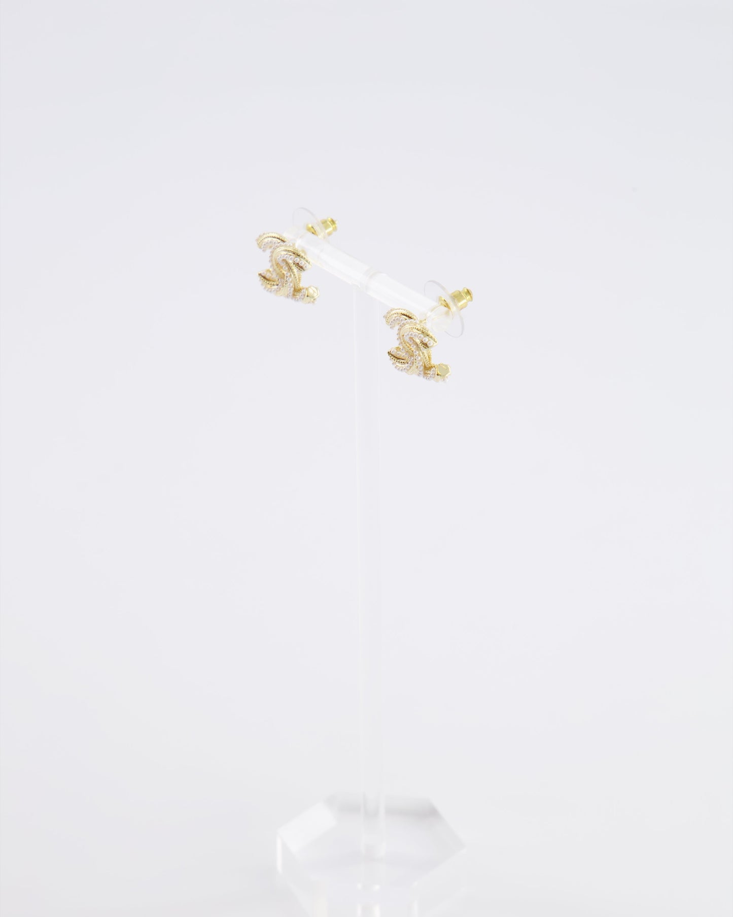 Chanel 24A Champagne Gold Textured CC Logo Small Earrings with Pearls