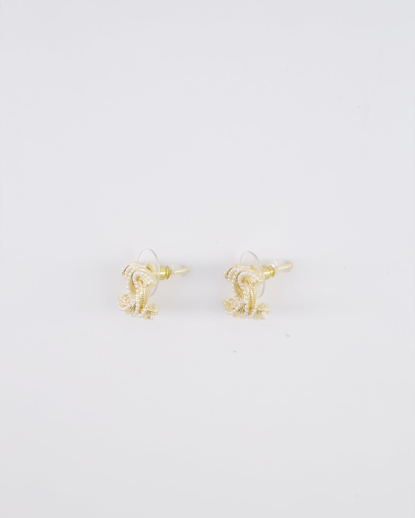 Chanel 24A Champagne Gold Textured CC Logo Small Earrings with Pearls