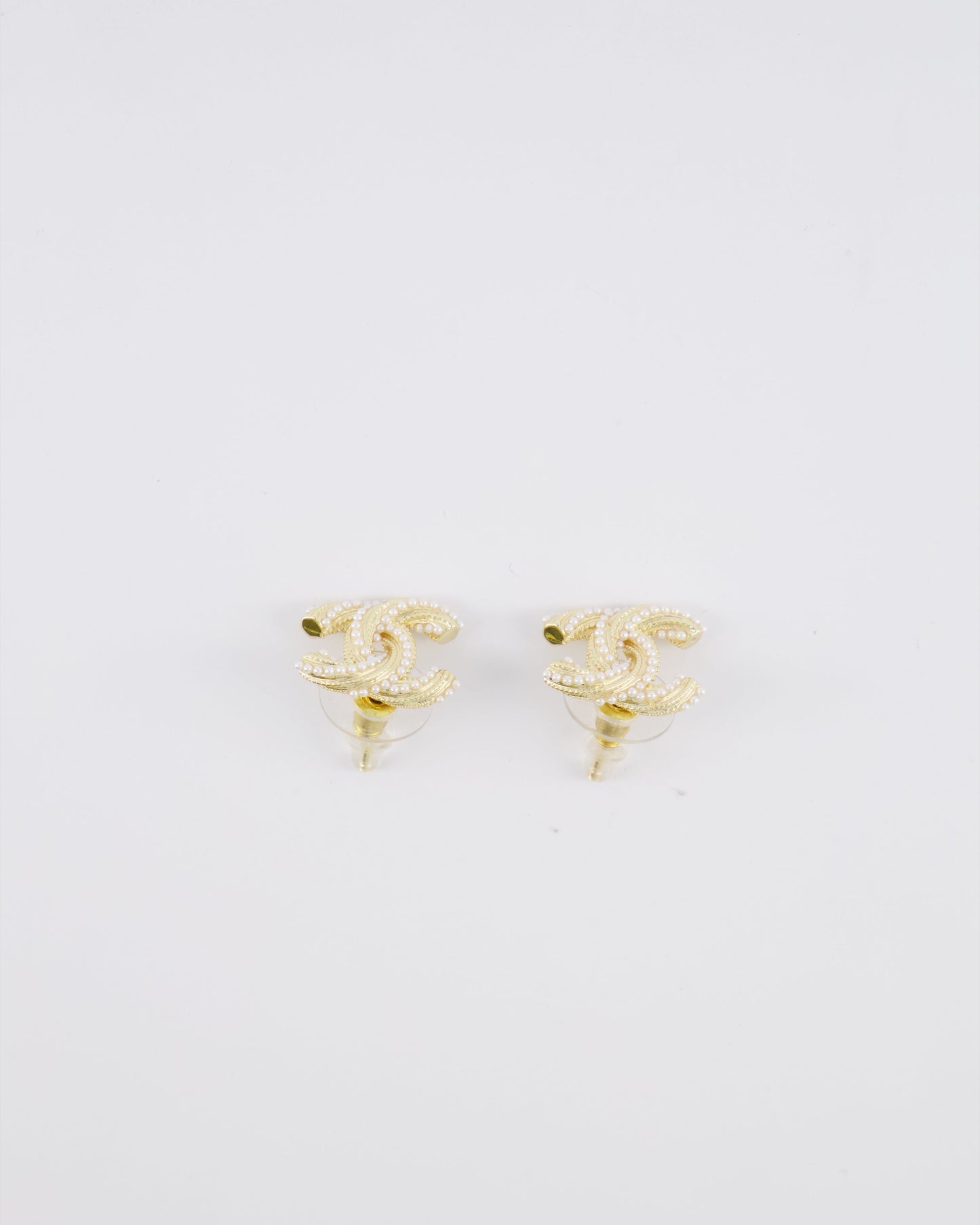 Chanel 24A Champagne Gold Textured CC Logo Small Earrings with Pearls